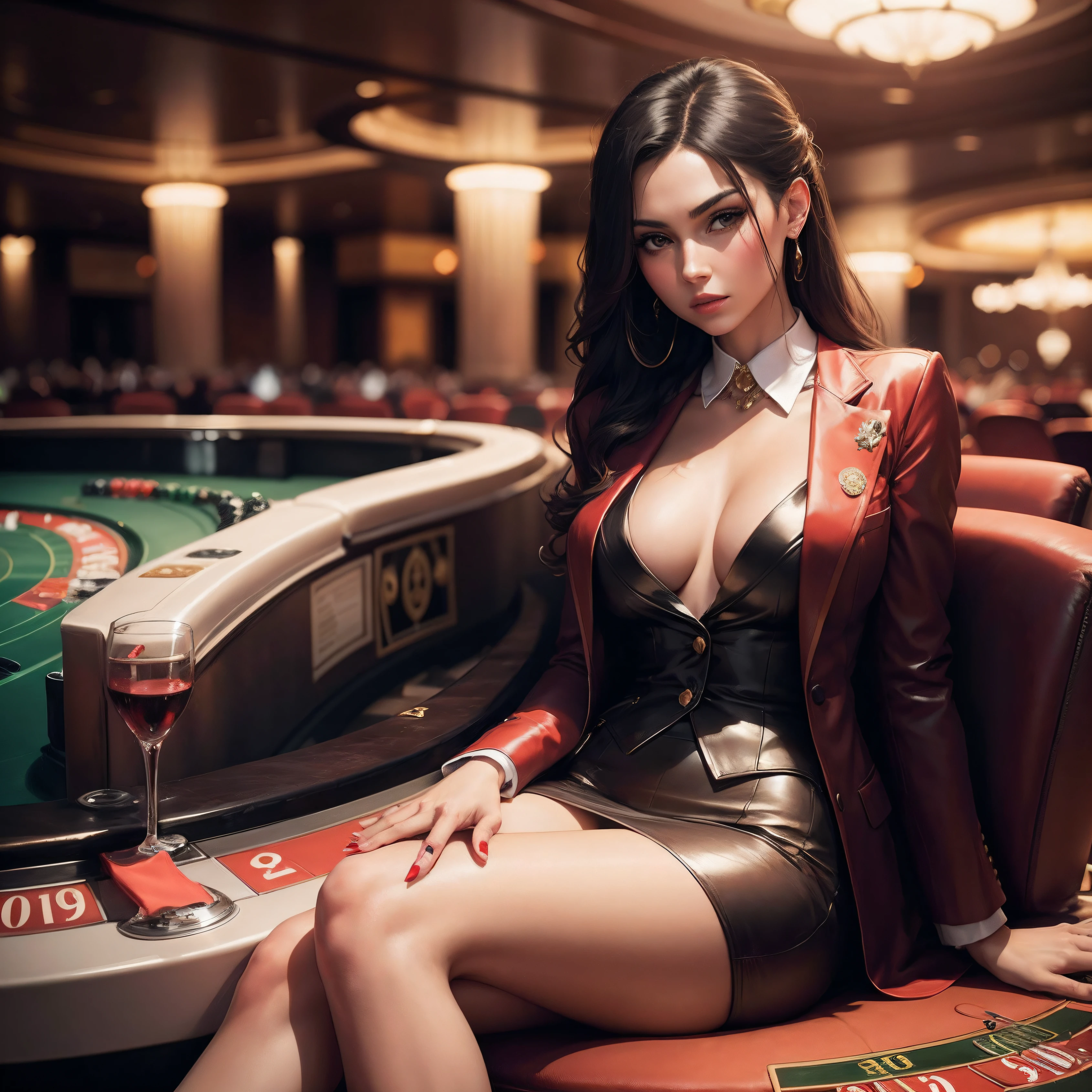 A very beautiful woman in casino suits, fashionable, sitting with elegant in a roulette table --auto