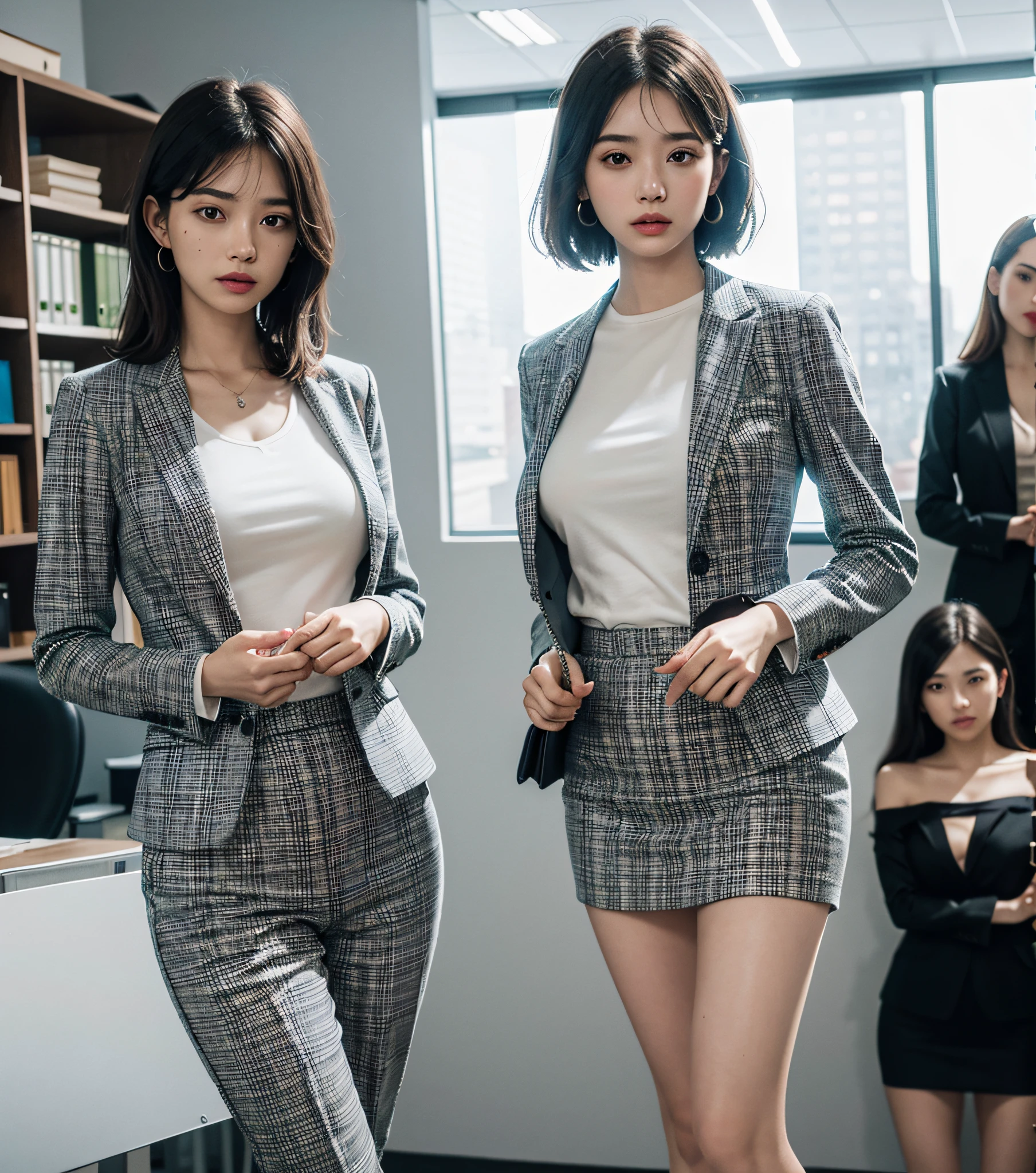 absurdres, RAW photo, extremely delicate and beautiful, masterpiece, Best Quality, ultra high resolution, 16k, hyperrealistic, ultra-detailed, (perfect anatomy), super Detailed skin, perfect figure, Very detailed CG 8k wallpaper, in her 20s, very Slim body, narrow waist, very small head, very small face, delicate facial features, tearful mole, earring, thin legs, (very huge round breasts), (full body shot), short medium hair, (((((2 girls))))), ((((office lady suit)))),