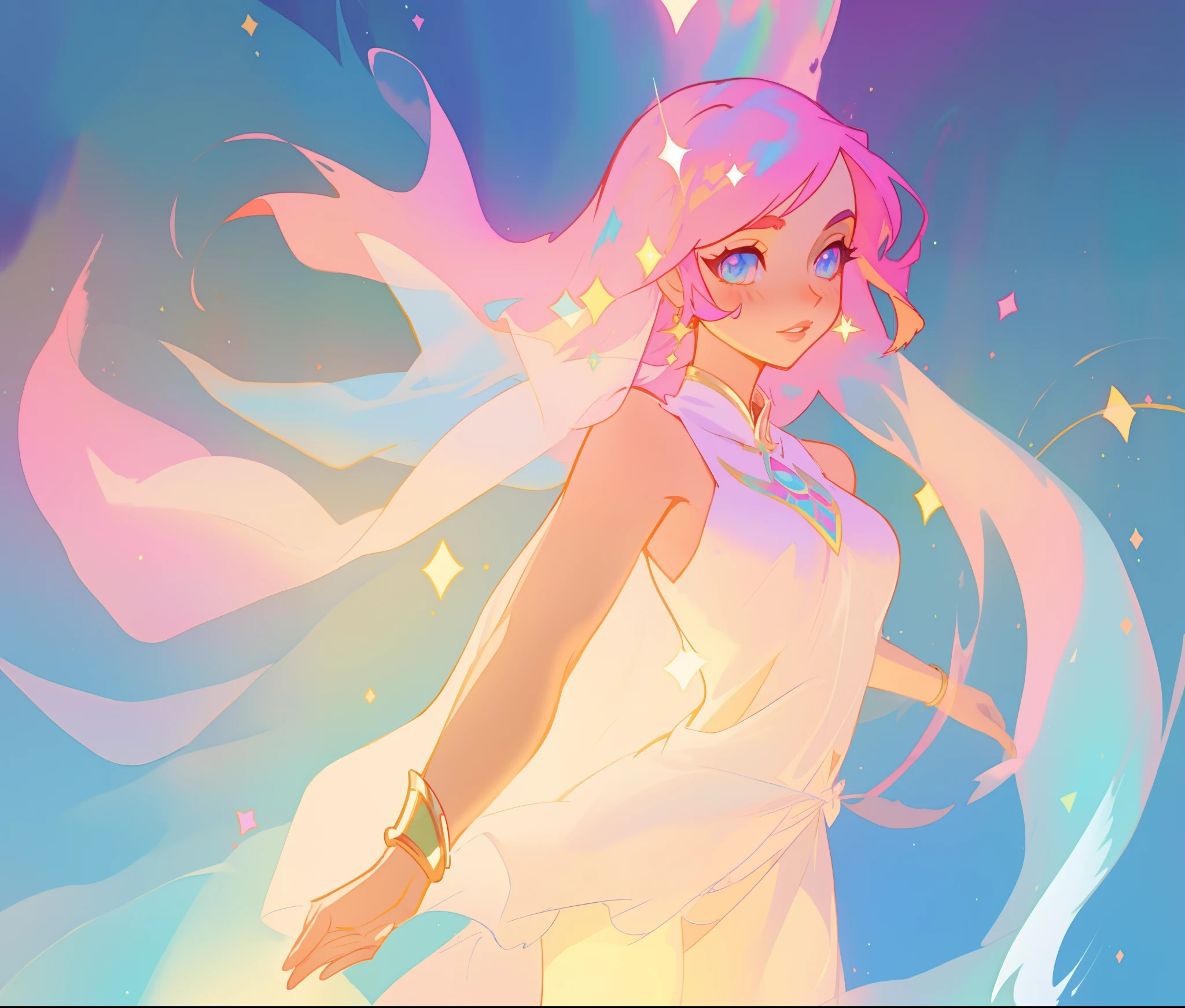 beautiful girl in white arabian dress, (arabian princess), (arabian dancer), (fantasy arabian dress), intricate dress design, long colorful sparkling pink hair, watercolor illustration, Lois van Baarle, glowing aura around her, Glen Keane, jen bartel, glowing hair, beautiful digital illustration, fantasia background, beautiful, masterpiece, best quality, anime disney style, (detailed eyes), golden ratio, perfect composition