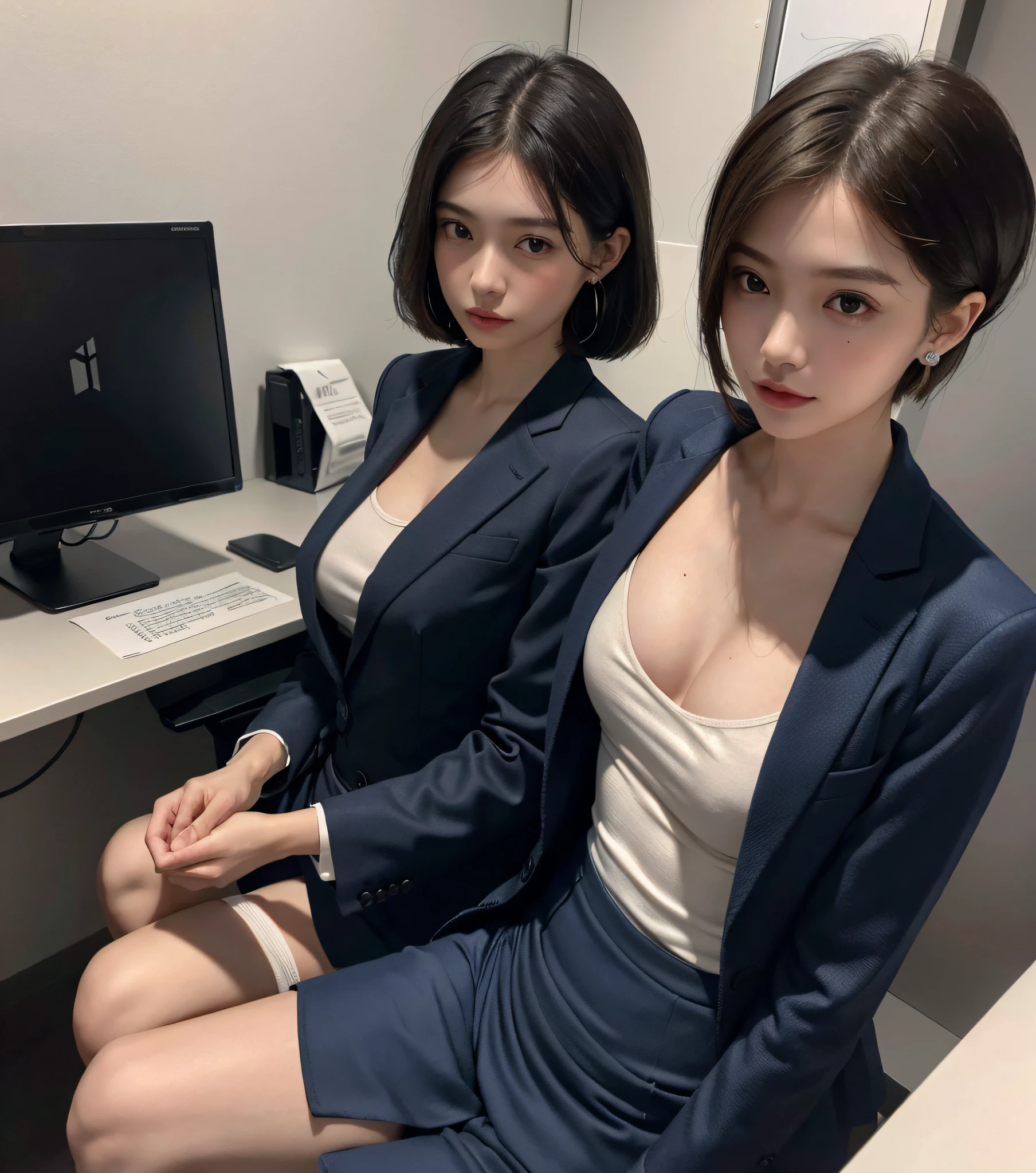 absurdres, RAW photo, extremely delicate and beautiful, masterpiece, Best Quality, ultra high resolution, 16k, hyperrealistic, ultra-detailed, (perfect anatomy), super Detailed skin, perfect figure, Very detailed CG 8k wallpaper, in her 20s, very Slim body, narrow waist, very small head, very small face, delicate facial features, tearful mole, earring, thin legs, (very huge round breasts), (full body shot), short medium hair, (((((2 girls))))), ((((office lady suit)))),