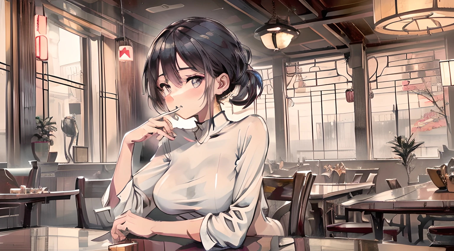 sexy woman drinking coffee in a cozy japanese café from 1920, (Sharp focus:1.3), high detail, wearing (tight shirt:1.2), beautiful detailed face (attractive young woman:1.3), (seductive:1.1), (blushing:1.1), hourglass body shape, small round breasts, wide hips