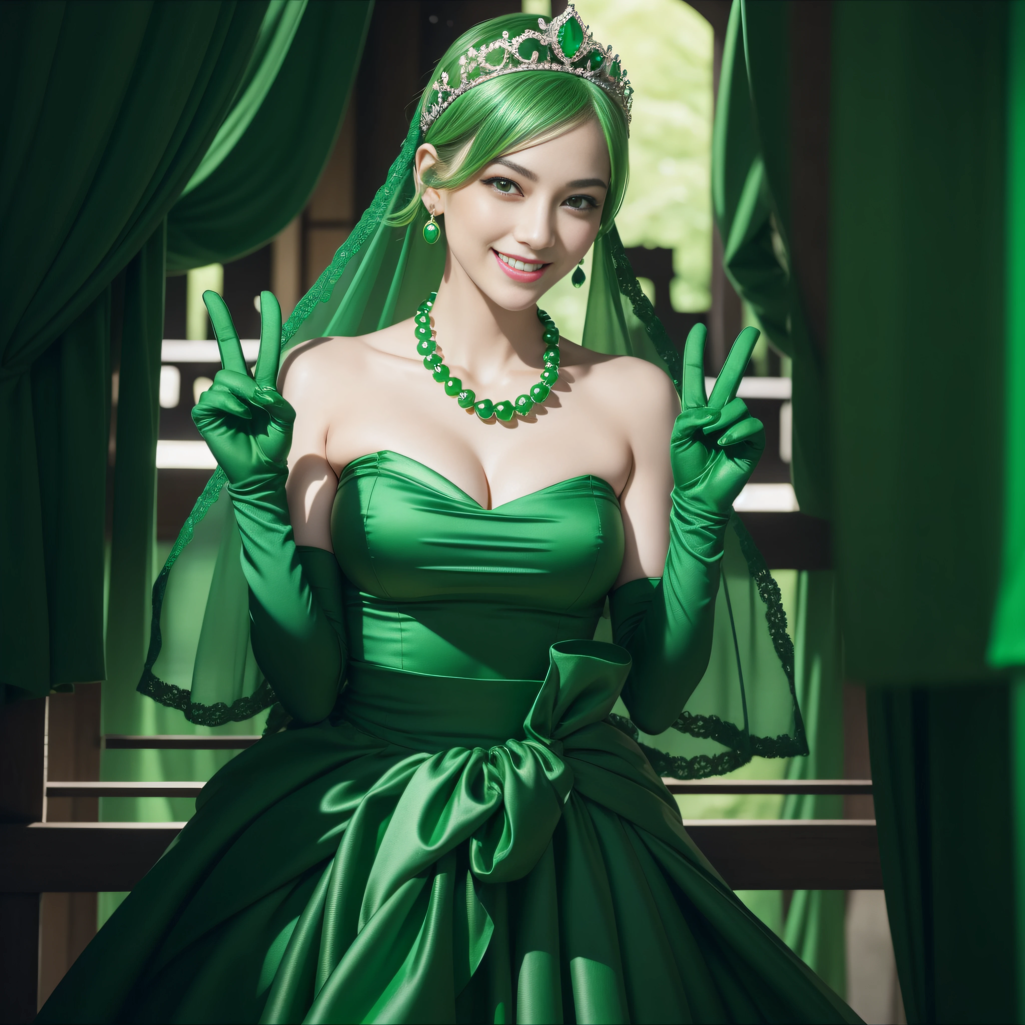 emerald tiara, Green Pearl Necklace, Boyish very short green hair, lipsticks, Japan woman smiling, very short short hair, big breasts beautiful, Green eyes, Long green gloves made of satin material, Green eyes, v sign,V-sign with both hands, Emerald Earrings
