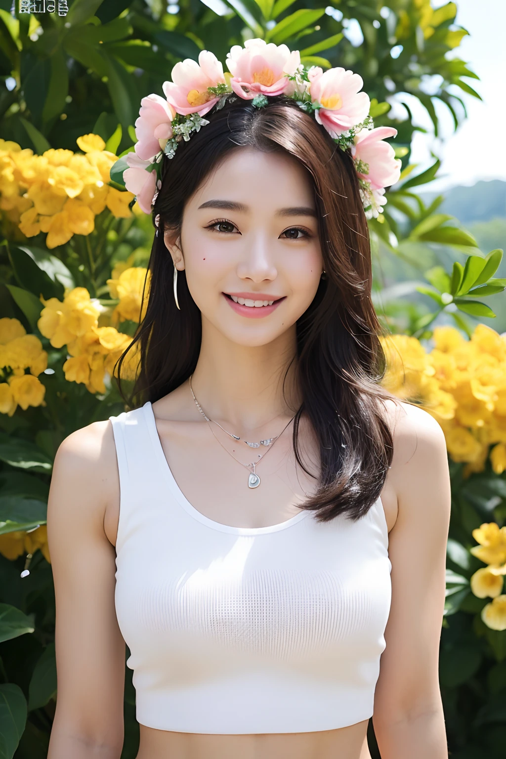 (extra detailed body、extra detailed face、best qualtiy:1.2)、femele、looking at the viewers、(a smile、Hair ornament with 15 large fresh flowers、Flower piercing、a necklace、Tank tops、Split abs）