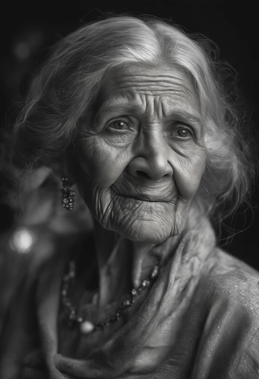 An old woman with flowing silver hair under a dark moon. (best quality,4k,8k,highres,masterpiece:1.2),ultra-detailed,(realistic,photorealistic,photo-realistic:1.37), HDR, UHD, studio lighting, ultra-fine painting, sharp focus, physically-based rendering, extreme detail description, professional, vivid colors, bokeh, portraits, black and white tones, soft and gentle lighting.