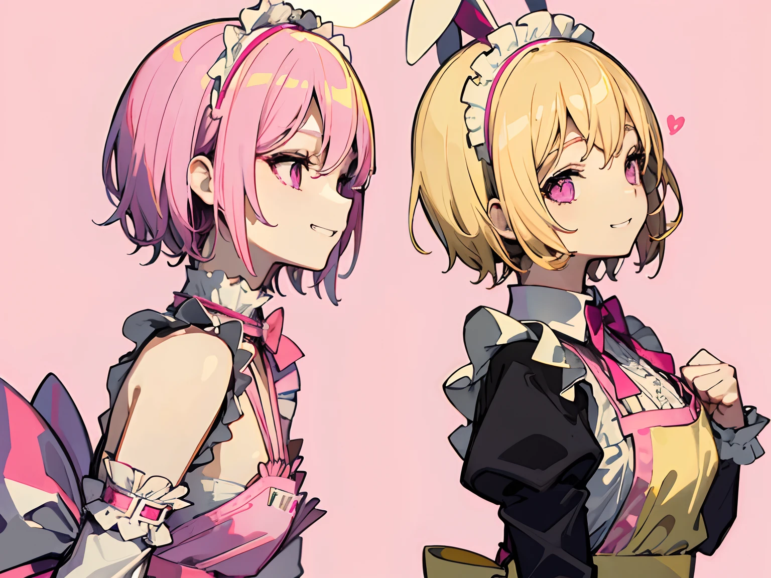 two femboys enjoy wearing pink maid costume.looking at each other,(side face,profile),(gold short hair),long-sleeve、Pink cutter shirt、bow ribbon、Apron with white ruffles、looking at another、simple background,grin smiling