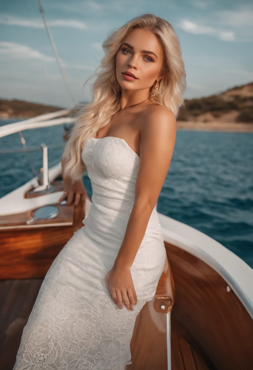 professional photoshooting，A young and beautiful one【new zealand】Woman wearing dress relaxing on sunny yacht，Delicate face，Bright Skin，Ultra Realistic Photo ，Blue sea，Simple background - ar 4:3
