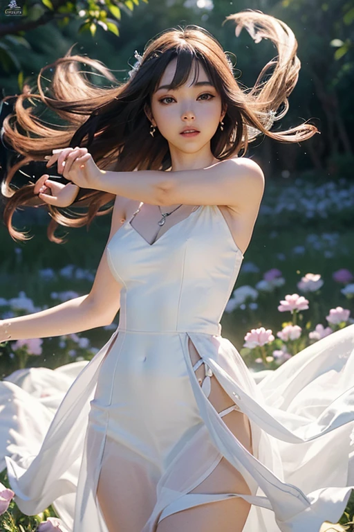 Araffe in a dream white transparent dress, Diosa japonesa, obra maestra, La mejor calidad, dancing pose, Dynamic Angle, campos de belladonna, dynamic background, fondo floral bokeh, 1girl, En pie, vestido flowinggown, Flowing Gown, floating hair. floating mini dress, floating strapless, floating cap, Seducir, ojos azules , cintura delgada, 8k:1.2, 16k:1.2, Altas Resoluciones, Karol behind UHD, inspirado por Hajime Sorayama, Sensual gravure idol, pecho buxom, Panasonic Lumix S Pro 70mm, backgorund flowers hill bokeh, front flowers bokeh, decoracion clasica europea