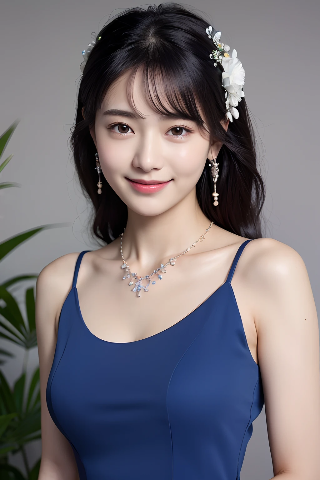 (extra detailed body、extra detailed face、best qualtiy:1.2)、femele、looking at the viewers、(a smile、Hair ornament with 15 large fresh flowers、Flower piercing、a necklace、Dark blue dress)