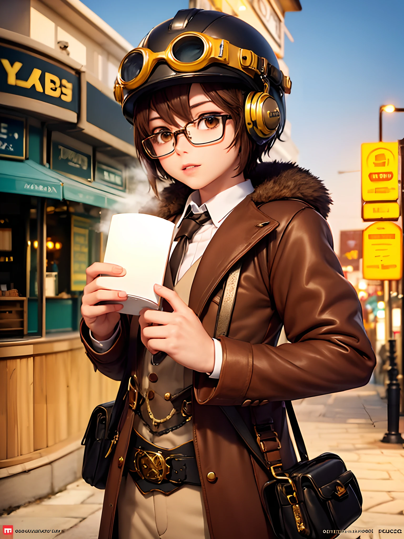 Chica con un traje de buzo estilo steampunk, He has cropped brown hair and steam-soaked nerdy glasses and wears a diver's helmet in his hands, acaba de salir del agua, de fondo se ve el puerto del que acaba de salir lleno de luces y contenedores