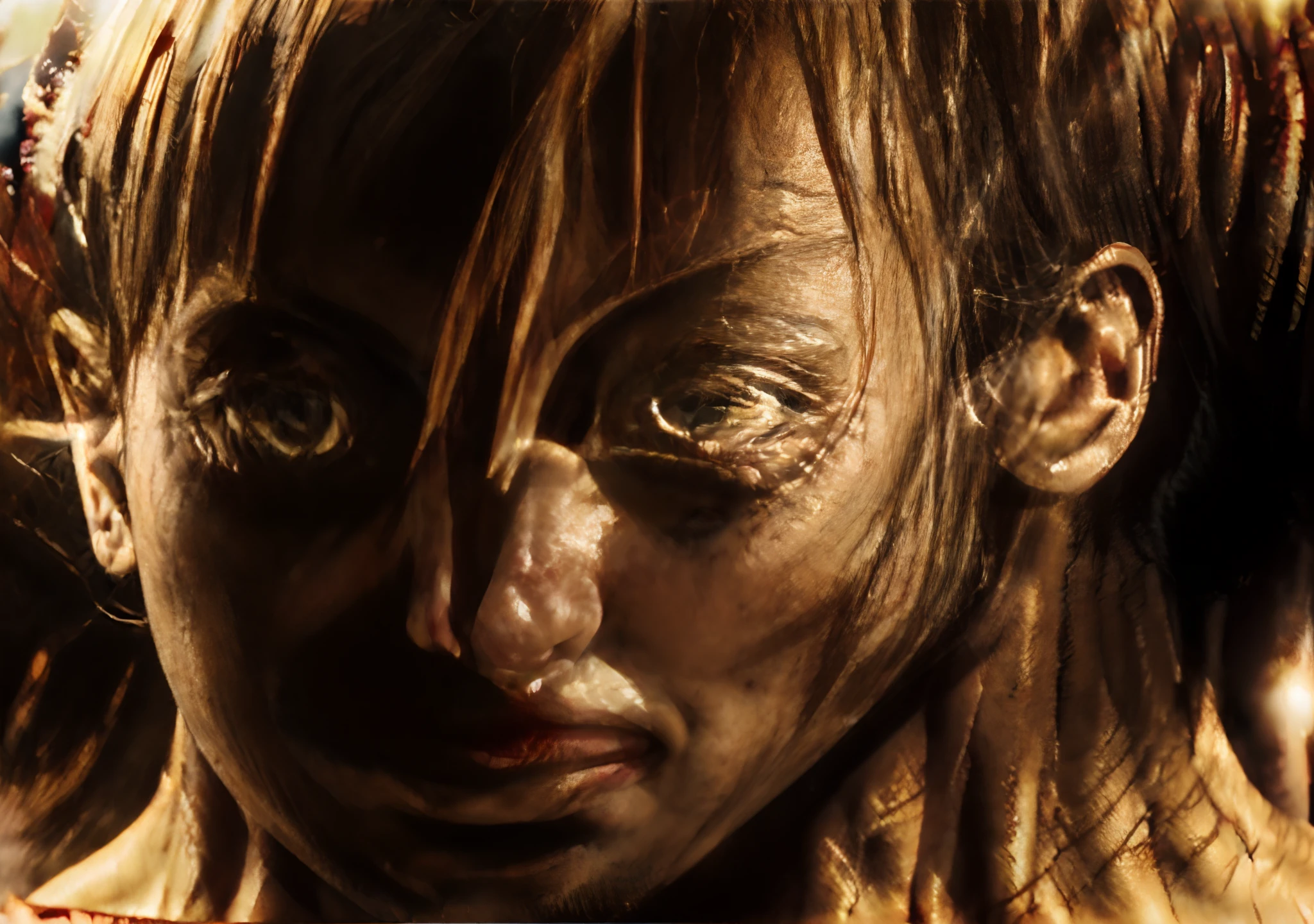 dramatic, iluminado pela luz do sol, em uma pose imponente, com uma sombra contrastante ao redor dele, olhar penetrante, fundo desfocado, em estilo realista, with sepia tones and touches of red, oil painting texture, detalhes das rugas no rosto, olhos expressivos, paisagem montanhosa ao fundo, atmosfera misteriosa.