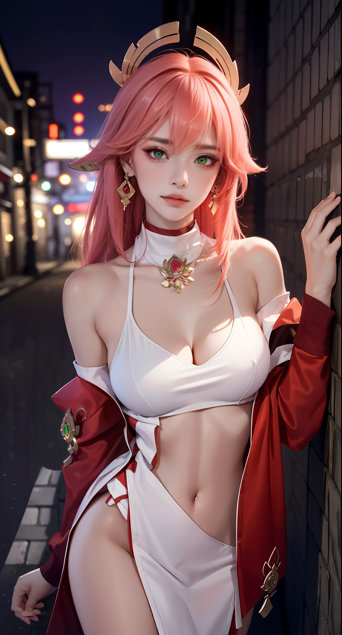 (Masterpiece, Excellent, 1girl, solo, complex details, color difference), realism, ((medium breath)), off-the-shoulders, big breasts, sexy, Yae Miko, long pink hair, red headdress, red highlight, hair above one eye, green eyes, earrings, sharp eyes, perfectly symmetrical figure, choker, neon shirt, open jacket, turtleneck sweater, against the wall, brick wall, graffiti, dim lighting, alley, looking at the audience, ((mean, seductive, charming)), ((autumn background))), ((tokyo background)))), (((luminous background))), (dynamic pose), tulle, bare shoulders, blooming flower fields, radiant skin, faint smile, sexy, bust, no breast cover, naked, cocked ass, tummy look