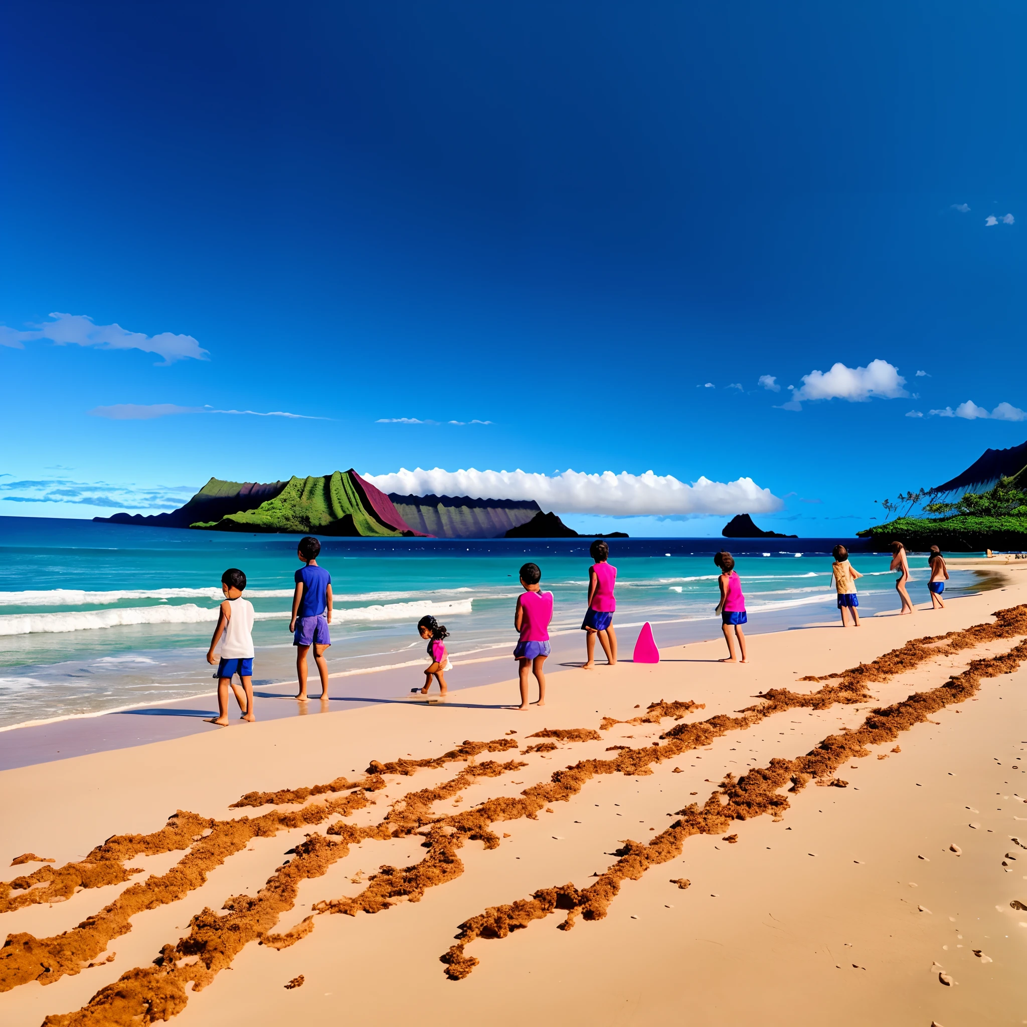Children playing on the sand of the beach with their boards in the water, kids playing at the beach, kids playing at the beach, pessoas na praia, brincando na praia, in a beachfront environment, na praia, dia ensolarado na praia, na praia, Praia Waikiki, na praia ao meio-dia, ( ( ( ( Kauai ) ) ) ), Directed by: Felipe Seade