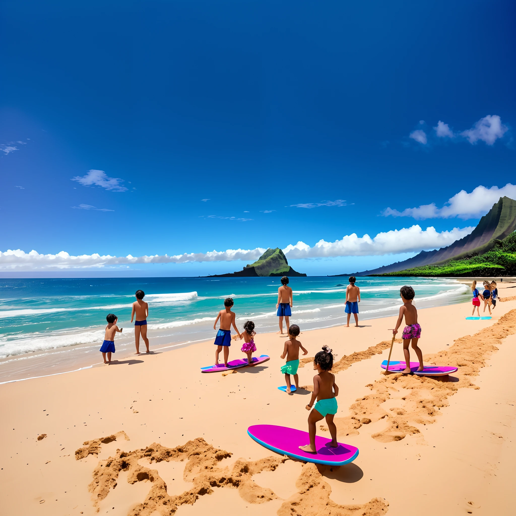 Children playing on the sand of the beach with their boards in the water, kids playing at the beach, kids playing at the beach, pessoas na praia, brincando na praia, in a beachfront environment, na praia, dia ensolarado na praia, na praia, Praia Waikiki, na praia ao meio-dia, ( ( ( ( Kauai ) ) ) ), Directed by: Felipe Seade