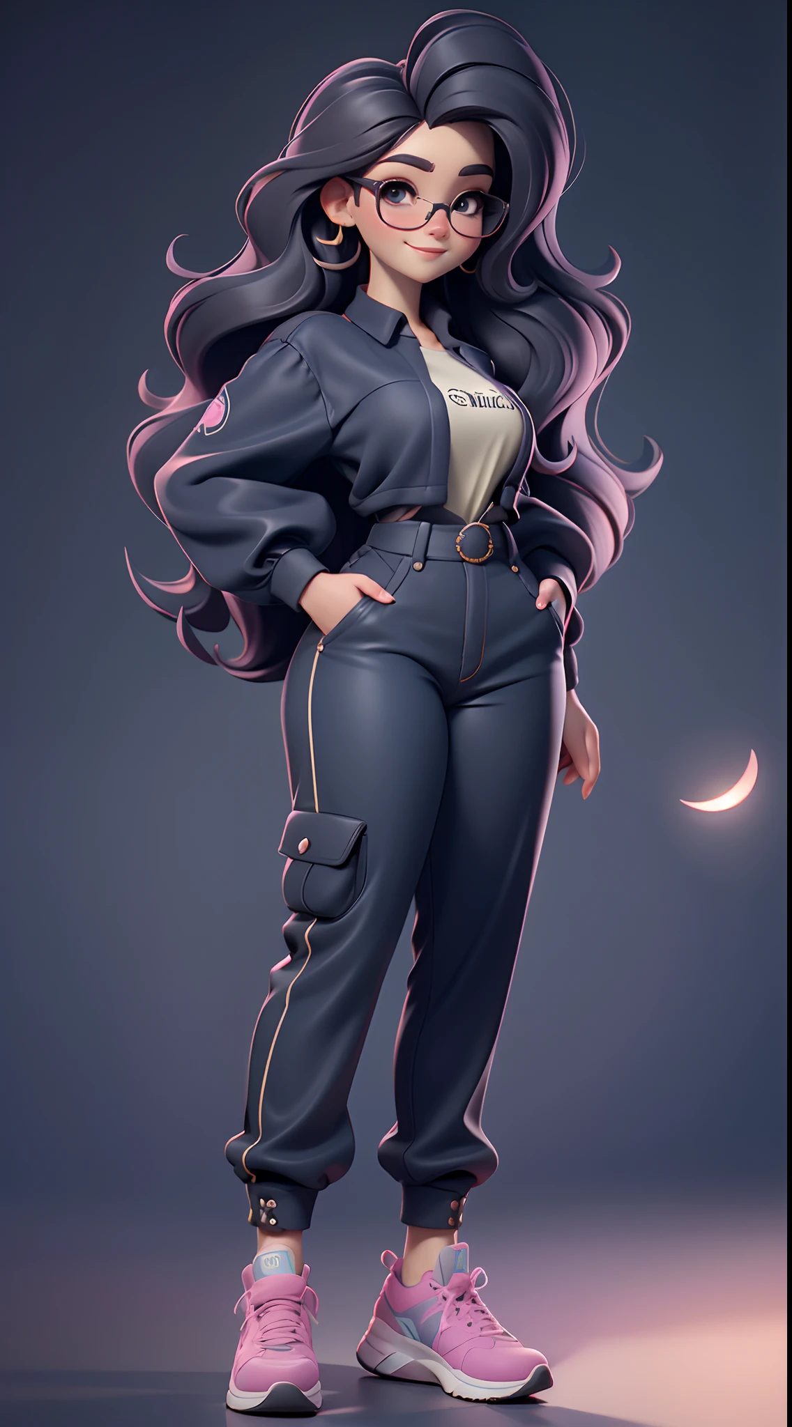 melhor qualidade, master part, oi-nada, uma , Cheongsam, chapelaria, colar, jewelries, beautiful face, envelope_Corpo, efeito tyndall, fotorrealista, Dark Studio, Rim lighting, Two-tone lighting, (High Definition Skin: 1.2), 8k UHD, DSLR, soft lighting, alta qualidade, Volumetric lighting, candid, fotografia, high resolution, 4k, 8k, Bokeh, ( professora) ,(olhos castanhos extremamente detalhados),thick pink lips,(cabelos desgrenhados),(vestindo uma camiseta folgada,baggy pants,Fashionable sneakers ),Be sure to put a gold buckle on the waistband of the pants, (fundo simples:1.2)fundo colorido inteiro,ju,4k Standing, Alegremente, mostrando toda a sua alegria, imagem frontal do rosto perfeita detalhada , rosto perfeito harmonioso, Long black curly hair and big round glasses with thin, bordas pretas, imagem de alta qualidade qualidade , professora , professora, com cabelo preto cacheados, foto do frontal, sorridente,bela Alanis Guillen, ((melhor qualidade)), ultrarrealista em detalhes do corpo, Hands,olhos, boca, 16k, cabelos negros estilo slime, ((obra-prima)), (detalhado), Pescador , ethereal beauty, empoleirada em sala de aula , cores suaves, (alta resolução:1.2) professora deve estar completa e perfeita na imagem UHD, mostrando o (corpo inteiro, incluindo as pernas: 1.5) : Chame-a de Bela. Ela deve ter cabelos pequenos em tom preto. with long eyelashes and rosy cheeks. Sorriso delicado. Bela deve estar vestida com uma roupa tons pastel, tons divertidos e detalhes doces;. Ela segura seu bonito Pastel-colored owl mascot wearing delicate glasses. Certifique-se de adicionar detalhes nas roupas, such as buttons and pockets, Cute Colorful Nike Sneakers. Be sure to add details like gold pearls with zippers. Certifique-se de adicionar sombras, detalhes no cabelo, roupas, Books and pencils ,cadernos, colored pencils, quadro negro, to make them even more adorable and charming 16K
