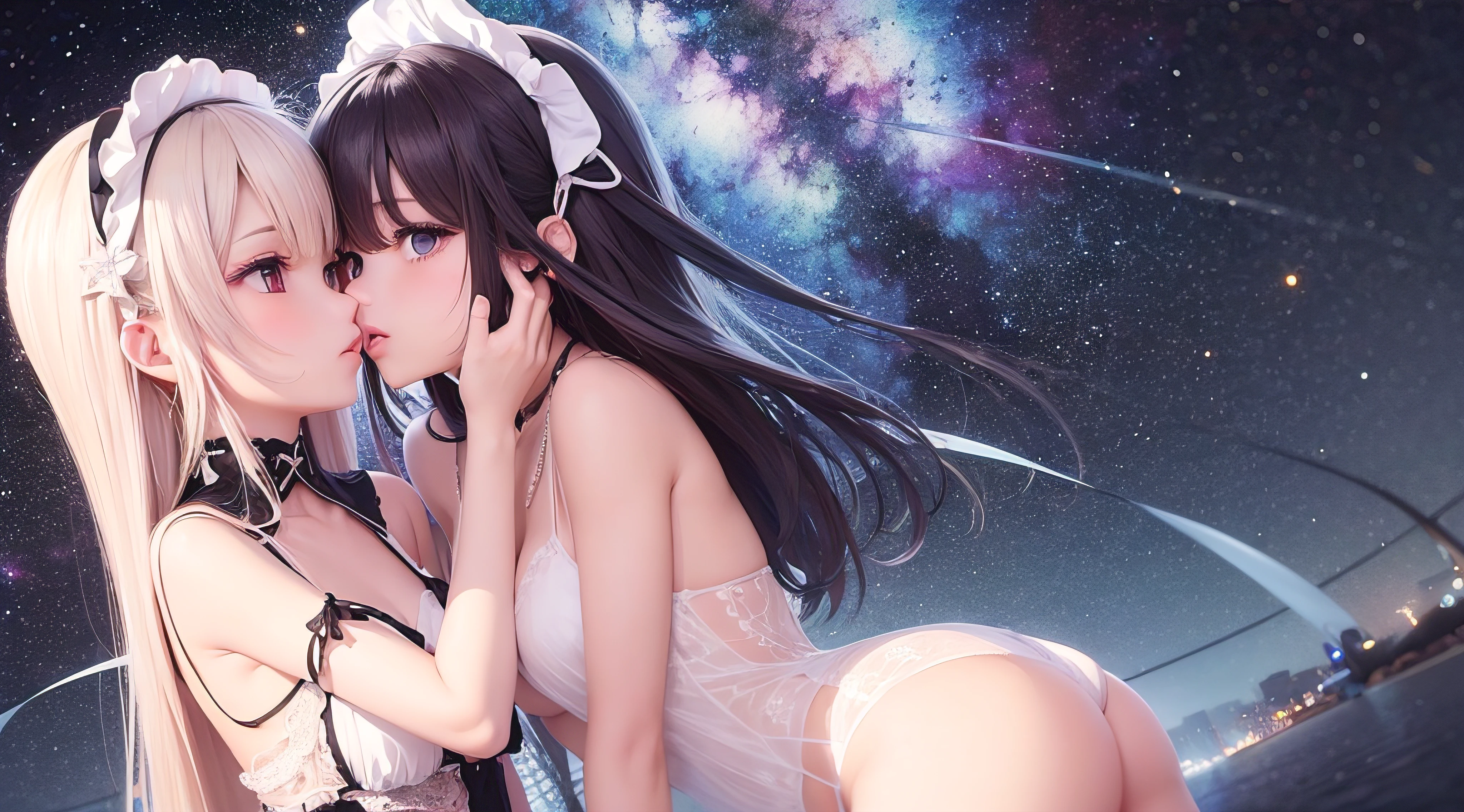 (obra prima) (perfection) (ultrarrealista | | |) (sem defeitos) duas Meninas de anime, neon, noite, sensual, beijo