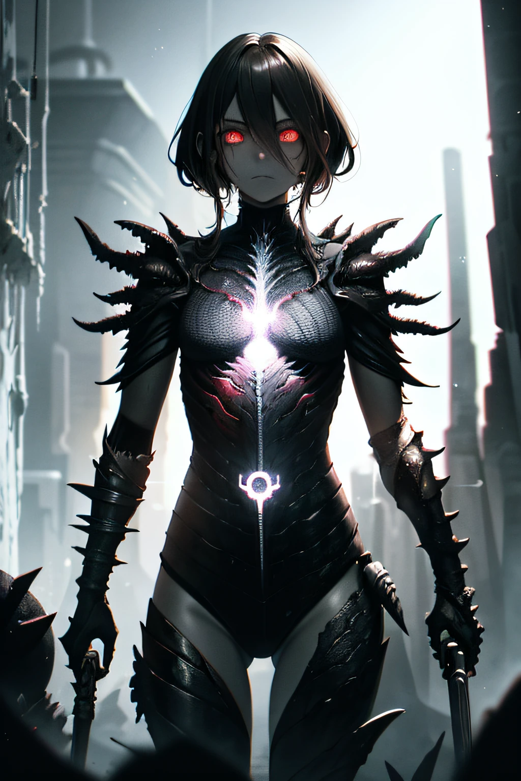 biopunk art, ((biopunk atmosphere)), (biopunk anime girl), ((dark gray skin)), whitish glowing eyes, brown hair, smooth hair, open belly, holds axe made from meat, short wavy clothing, hanging meat stalactites, weak rays of light, cold lighting, (scorn videogame style), horror atmosphere, presence of something terrible, biopunk background, scorn videogame, background by Hans Giger, perfect anatomy, masterpiece