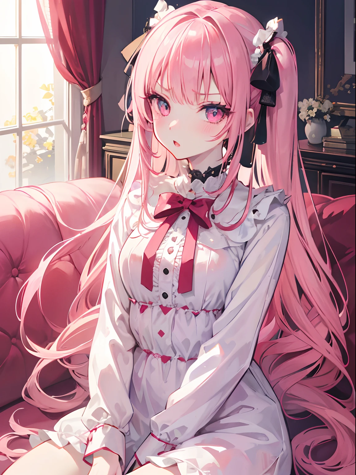 masutepiece, Highest Quality, (Perfect face:1.1), (high detailing:1.1), (ultradetailed eyes), Dramatic, superfine illustration, Extremely detailed, 1girl in, (pale skin),pinkhair, Ethereal eyes, (light eyebrow), Open mouth, blush, Solo, (Twin-tailed), Pouty lips,Cinematic lighting,Looking at Viewer,Upper body, ,Lolita clothes, frilld, bow ribbon, pajamas, Sit on the sofa,Eat a late-night snack