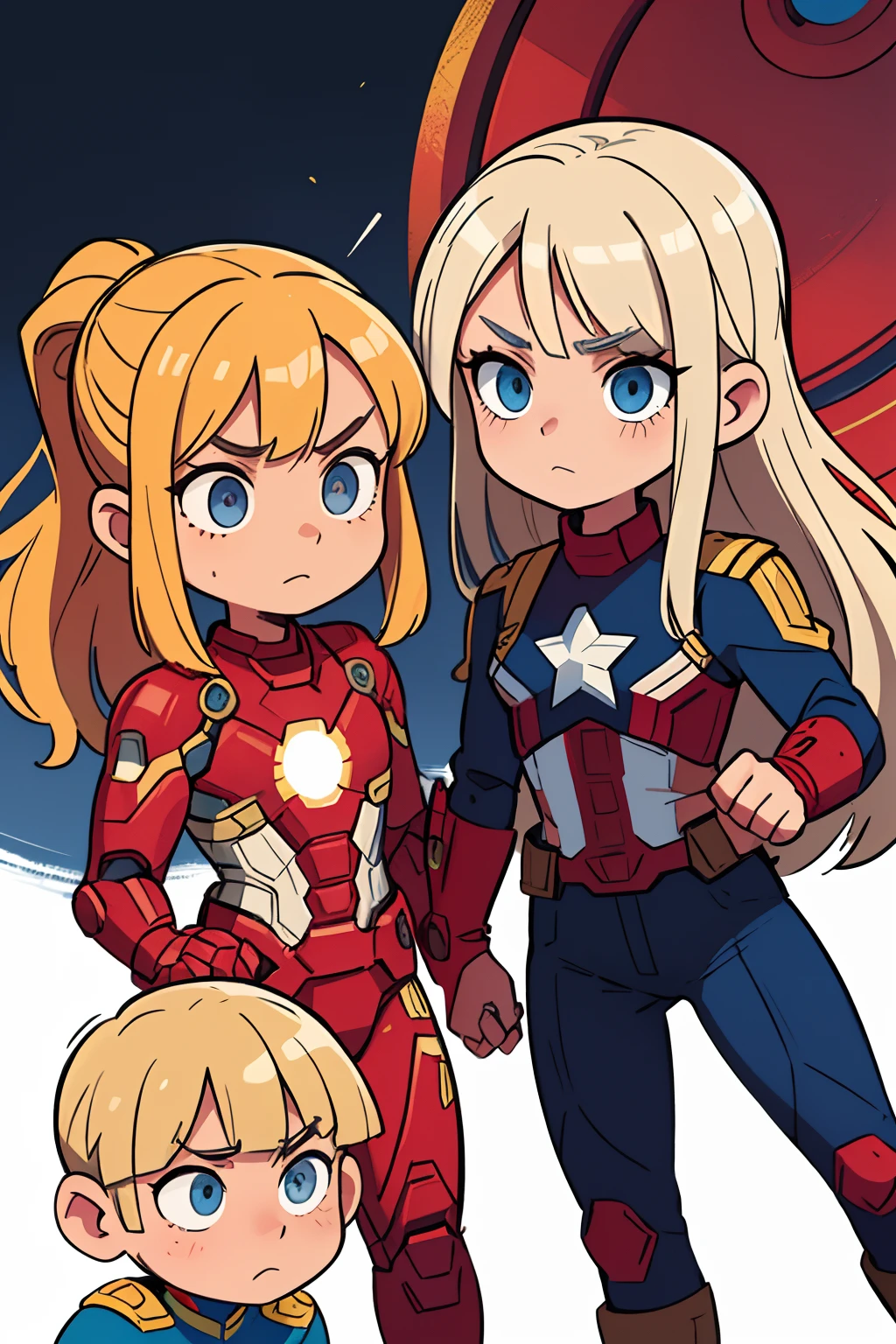 Garotinha, pele azul, cabelos alaranjados, medium hair, olhos azuiw, Wearing red and yellow metallic iron man armor with white background next to a blonde girl with long hair tied in two blue eyes and wearing Captain America's uniform