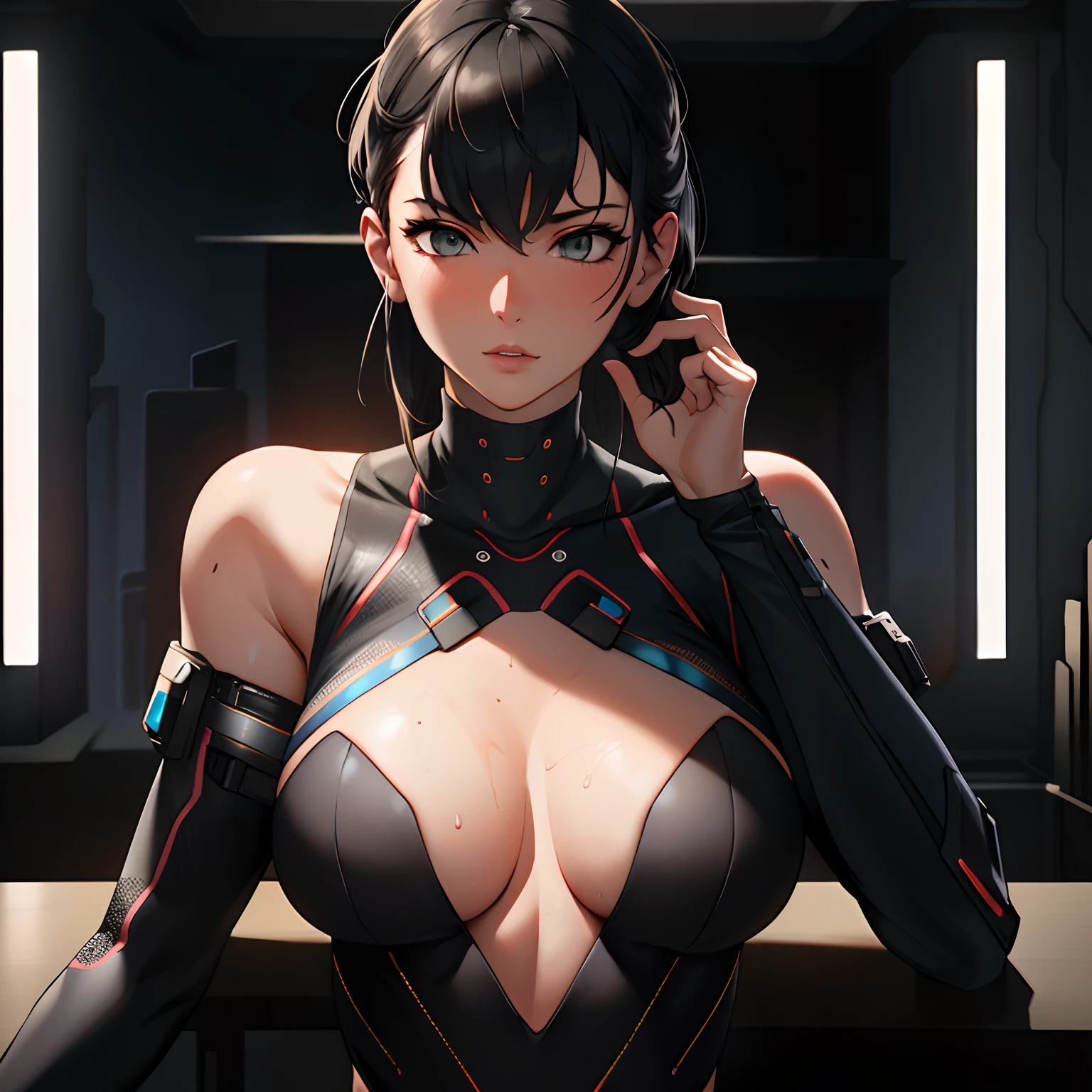 masterpiece,best quality,ultra detailed,8k UHD,ultra high res,135mm,f1.8,depth of field,
1girl,(upper body),cyberpunk, haughty look,
perfect breasts,skiny and thin,
V0id3nergy
