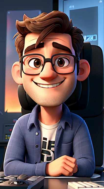 man smiling, wearing glasses, audiovisual producer, using headset and in the background there is a film studio