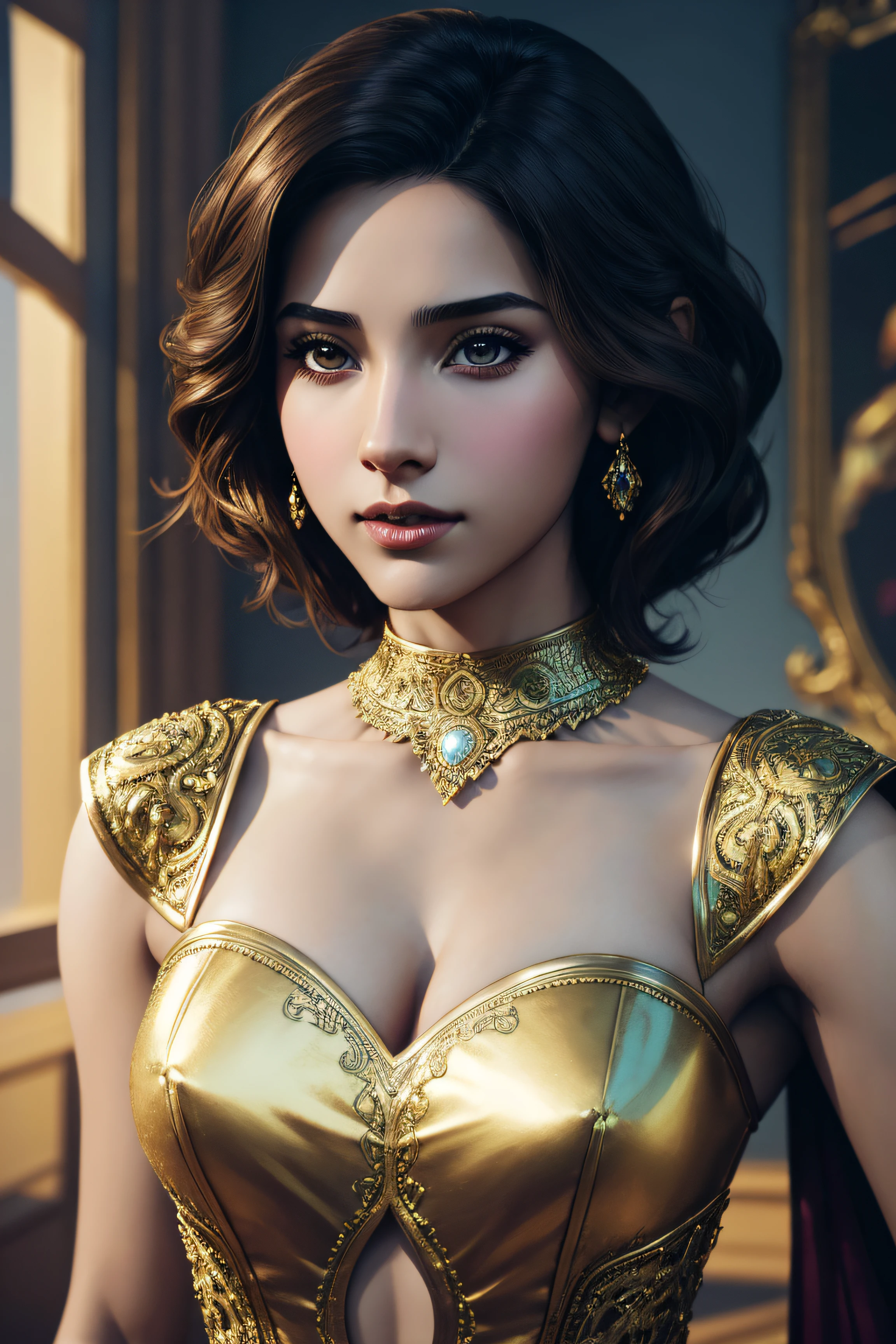 Naomi Scott, princess sexy clothes, character portrait, 3 9 9 0 s, short hair, intricate, elegant, highly detailed, digital painting, artstation, concept art, smooth, sharp focus, illustration, art by wlop, charlie bowater and alexandra fomina