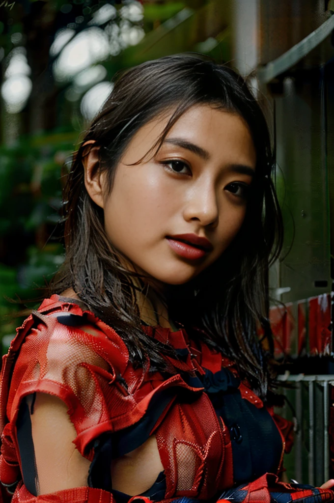 Raw photo、1人、Dark hair、glowy skin、Wet body、Sticking out the navel、full bodyesbian、newyork、She wears a torn Spider-Man suit,wearing skirt、 Red and black color scheme,Dynamic、masterpiece、top-quality、ultra-detailliert、ighly detailed、beautiful detailed brilliance、超A high resolution
