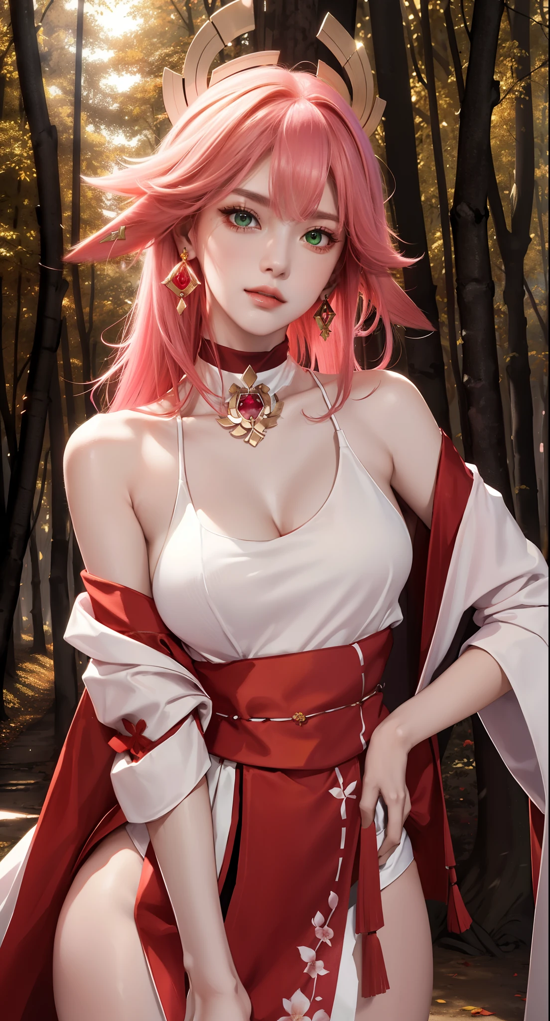 (Masterpiece, Excellent, 1girl, solo, complex details, color difference), realism, ((medium breath)), off-the-shoulders, big breasts, sexy, Yae Miko, long pink hair, red headdress, red highlight, hair above one eye, green eyes, earrings, sharp eyes, perfectly symmetrical figure, choker, neon shirt, open jacket, turtleneck sweater, graffiti, dim lighting, alley, ((mean, seductive, charming)), ((autumn background))), ((forest background)))), (((luminous background))), (dynamic pose), (bend at the waist, bend down and look at viewer:1.1), tulle, bare shoulders, blooming flower fields, radiant skin, faint smile, sexy, bust, no breast cover, naked, cocked ass, tummy look