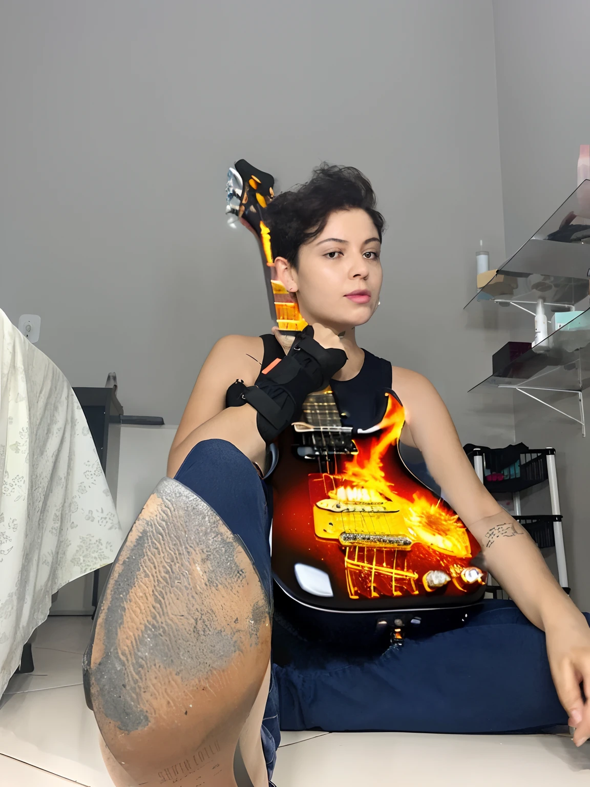Glossy black electric guitar with flaming fire, ultra realistic, ultra detalhista, 8k, HD