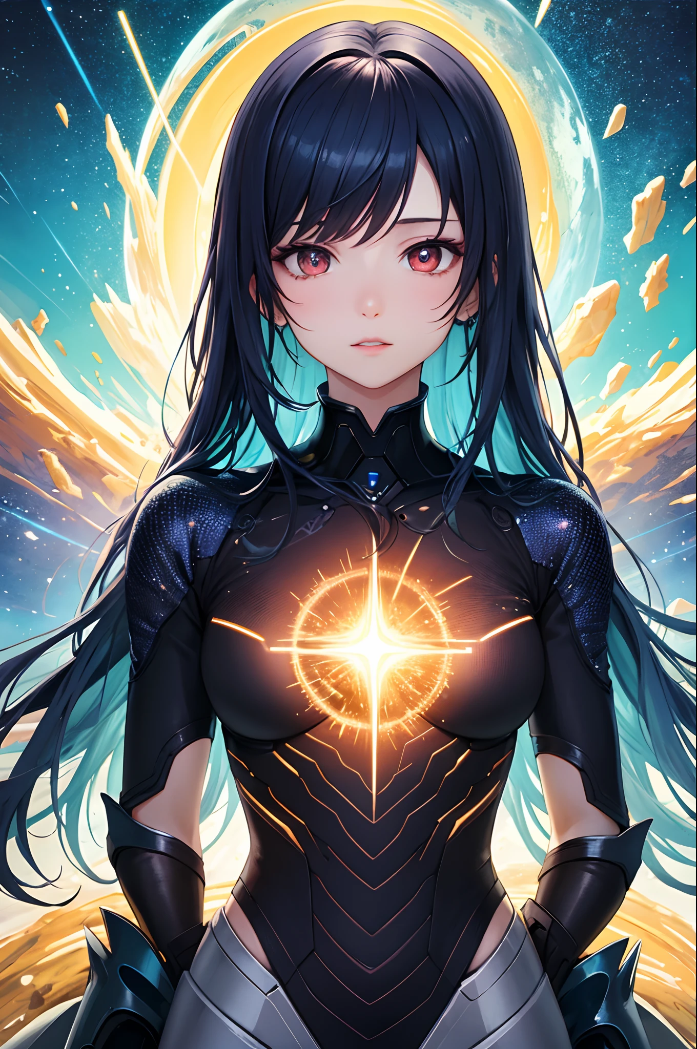 top-quality、Top image quality、masterpiece、超A high resolution、Android Beautiful Girl、, Glowing red cyber suit, White energy source in the chest、Blue shiny hair、The long-haired,Red eyes、A slender、The face is depicted in detail、Eyes are drawn in detail、Clothes are depicted in detail、hiquality、Beautiful Art、Fantastic Universe、Elaborate design、soio、sorcerer、animesque、illustratio、