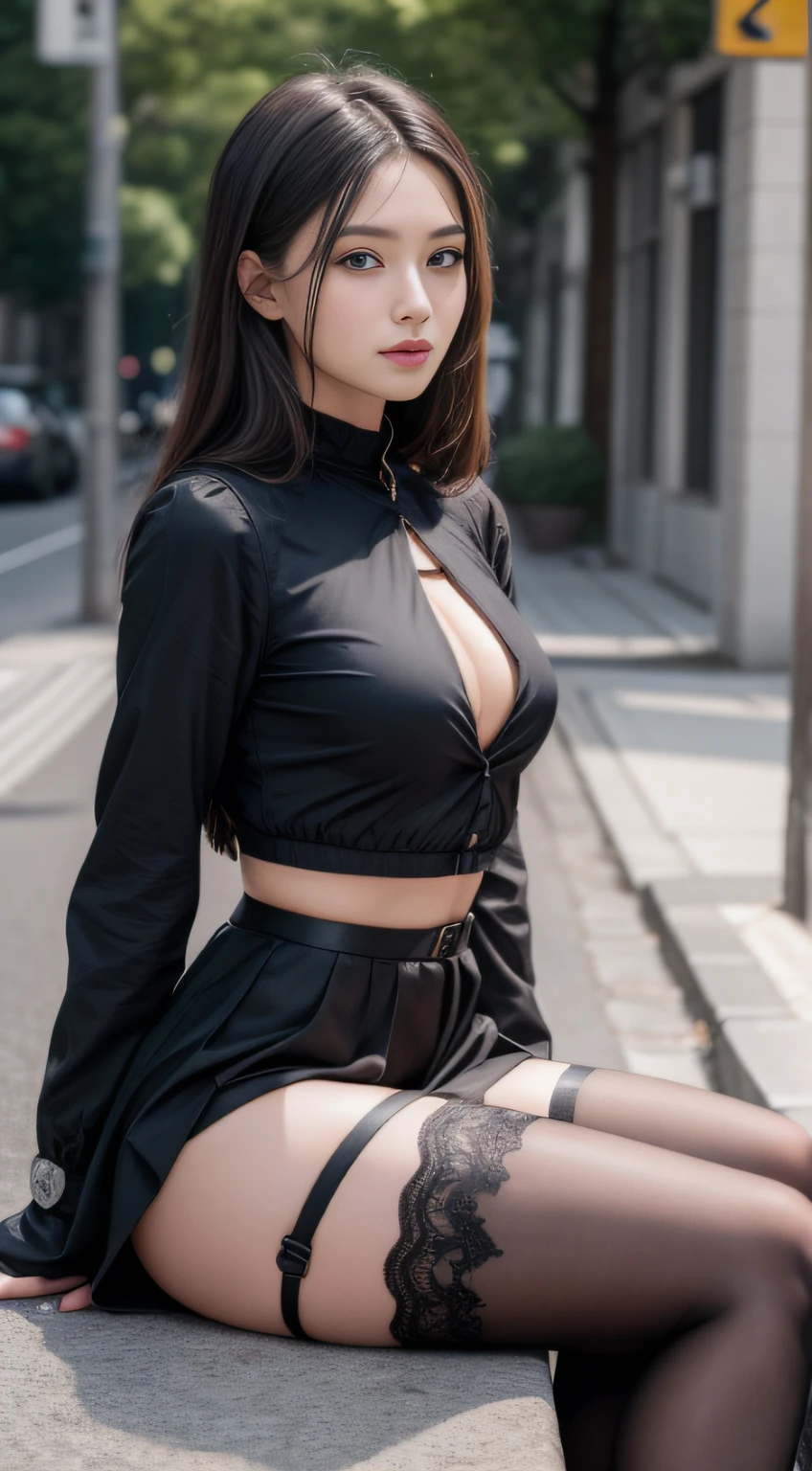 8K, Meisterwerk, RAW-Foto, best quality, fotorealistisch, extrem detailliertes CG Unity 8K Wallpaper, Depth of field, Filmisches Licht, Blendenfleck, raytracing, (extremely beautiful face, beautiful lips, gorgeous eyes), Komplizierte Details Gesicht, ((Ultra-detaillierte Haut)) 1girls, Im Dunkel, bindenfer Schatten, pretty asian girl, best quality, full-length portrait, Zartes Gesicht, handsome face, 25-year-old woman, schlanke Figur, mittlere Oberweite, OL Uniform, Bürokleidung, black legwear, Outdoor-Szene, Sitzposition, high heels, geeignet, binden