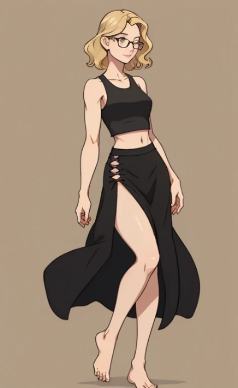 A beautiful blonde barefoot woman, with short wavy hair, wearing glasses, a long black skirt  and a croptop.