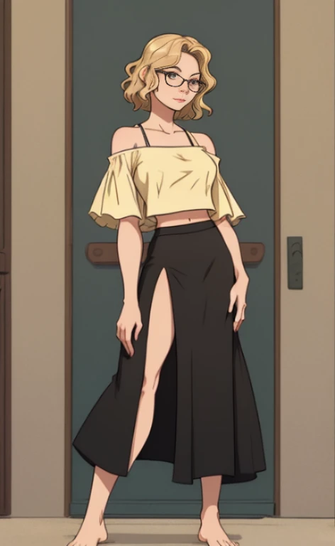 A beautiful blonde barefoot woman, with short wavy hair, wearing glasses, a long black skirt  and a croptop.