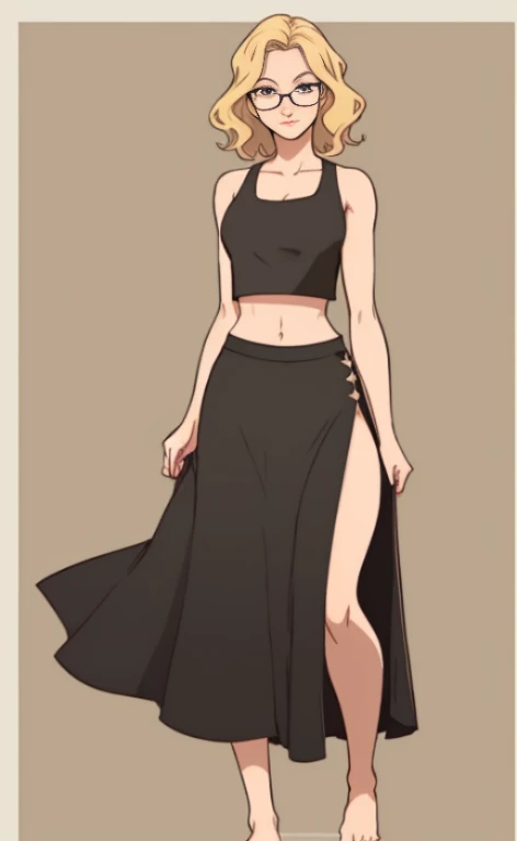 A beautiful blonde barefoot woman, with short wavy hair, wearing glasses, a long black skirt  and a croptop.
