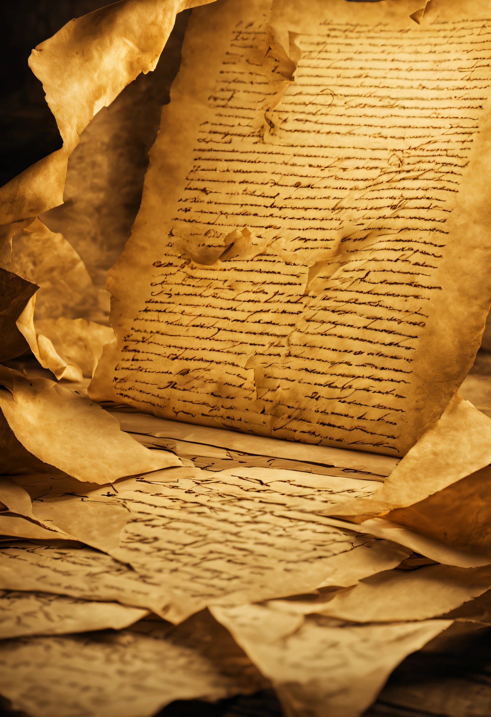 a medieval fantasy setting, a parchment and letters floating out of the parchment, some of these letters are golden