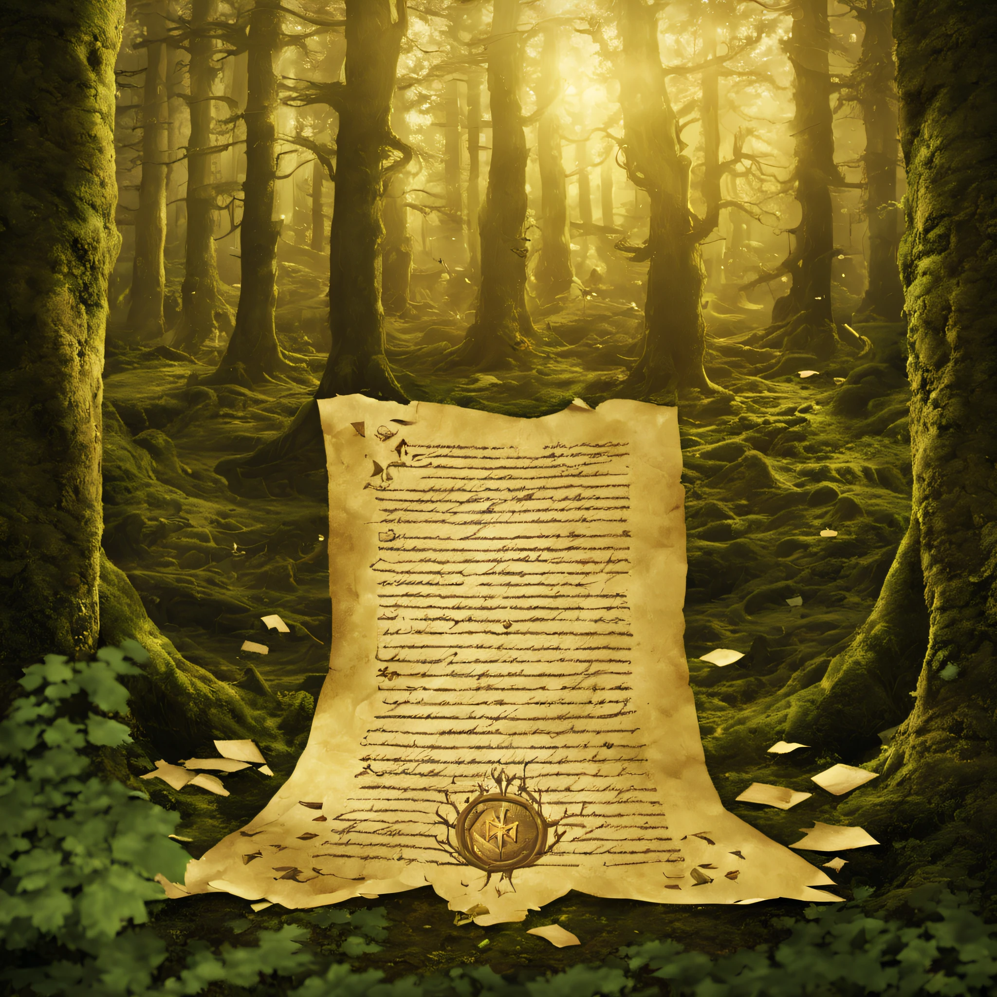 a medieval fantasy setting, a parchment in the middle of a forest and the letters floating out of the parchment, some of these letters are golden