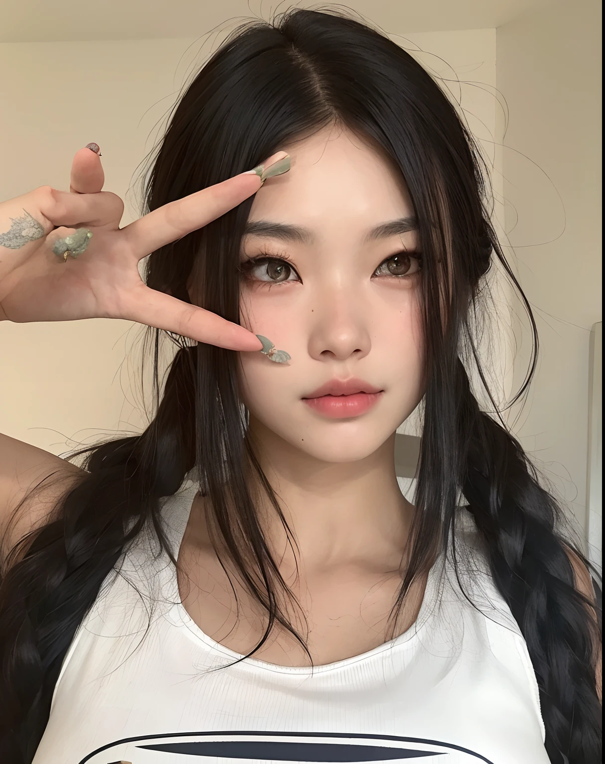There's a woman with long black hair and a white tank top, Mulher sul-coreana bonita, com cabelos longos e olhos penetrantes, menina coreana, Ulzzang, linda mulher coreana jovem, korean face features, Asian girl with long hair, young adorable korean face, Beautiful Asian girl, mulher coreana jovem bonita, 18 anos, asian features, beautiful aesthetic face