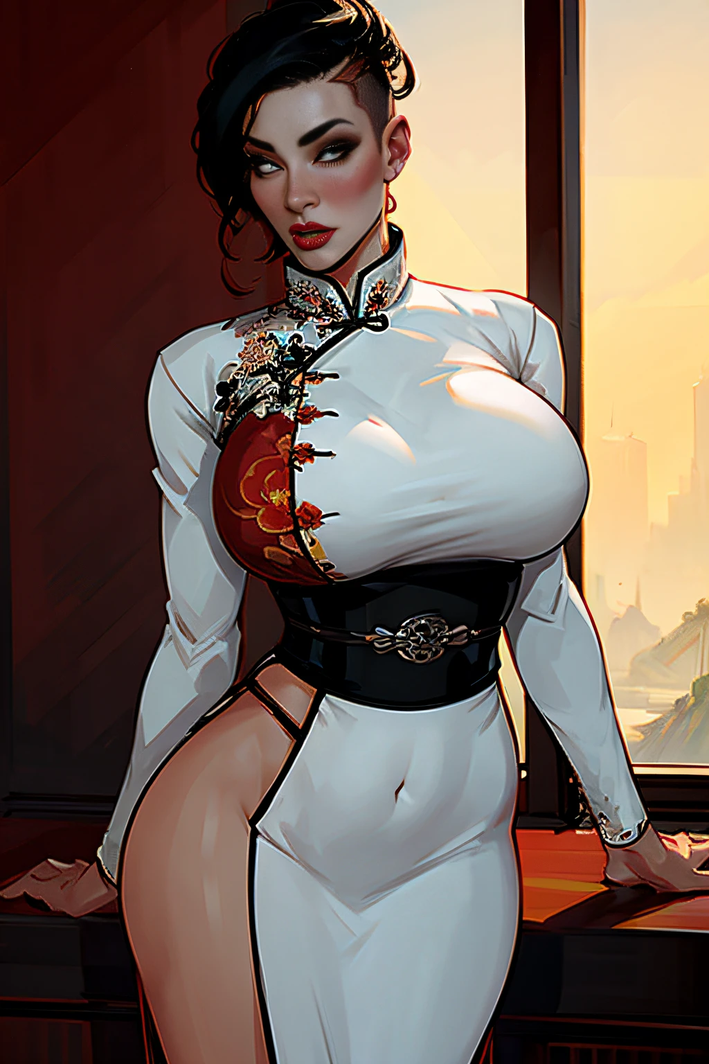 ch3rryg1g, ((Masterpiece)), ((ultraHD)), Women, ((Chinese)), ((Asian)), plump lips, Red lipstick, Elegant, black hair, unruly shaved side mohawk, mascara, eye shadow, tall, wide hips, giant boobs, qipao,