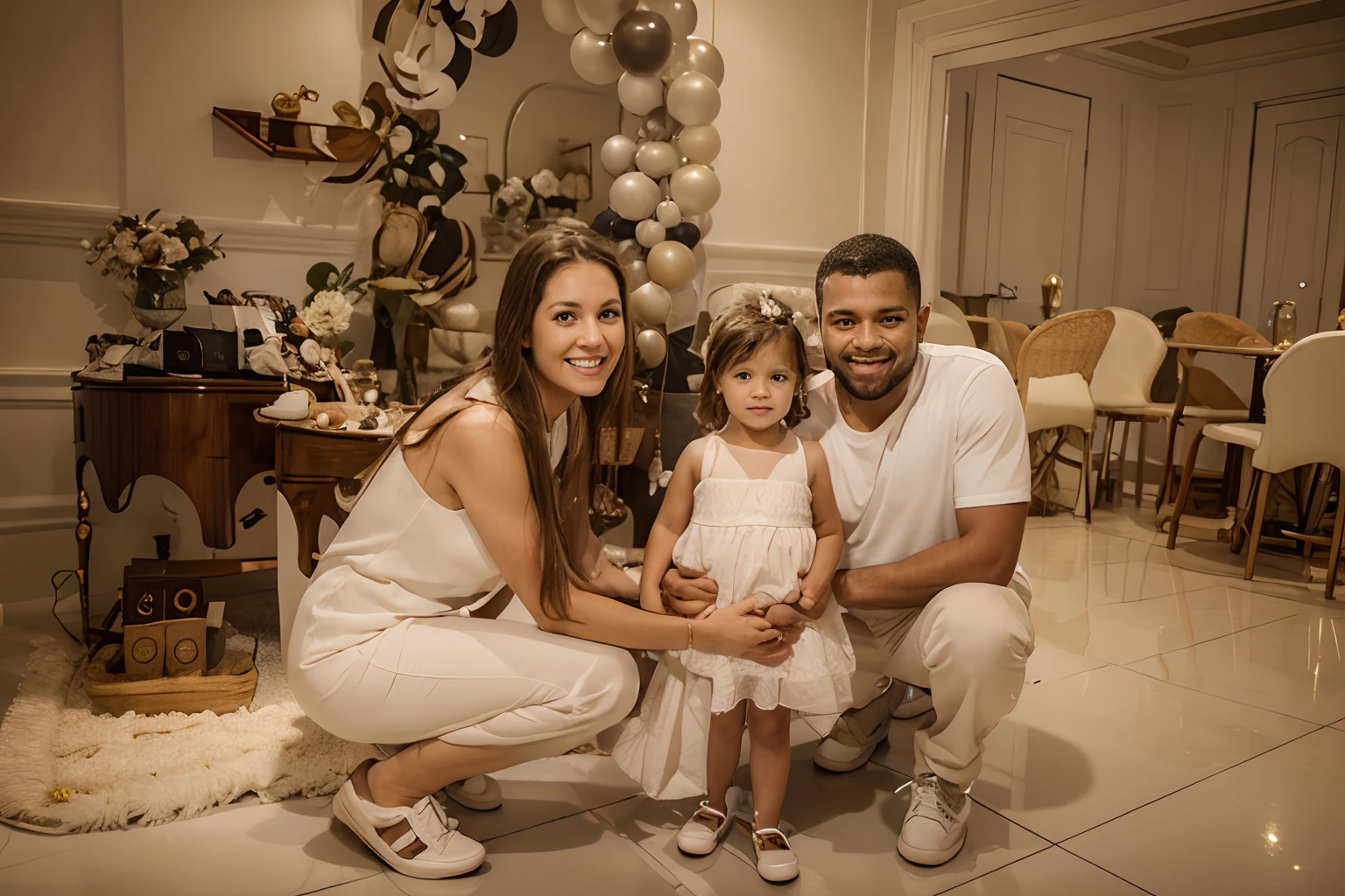 Family crouched in celebration