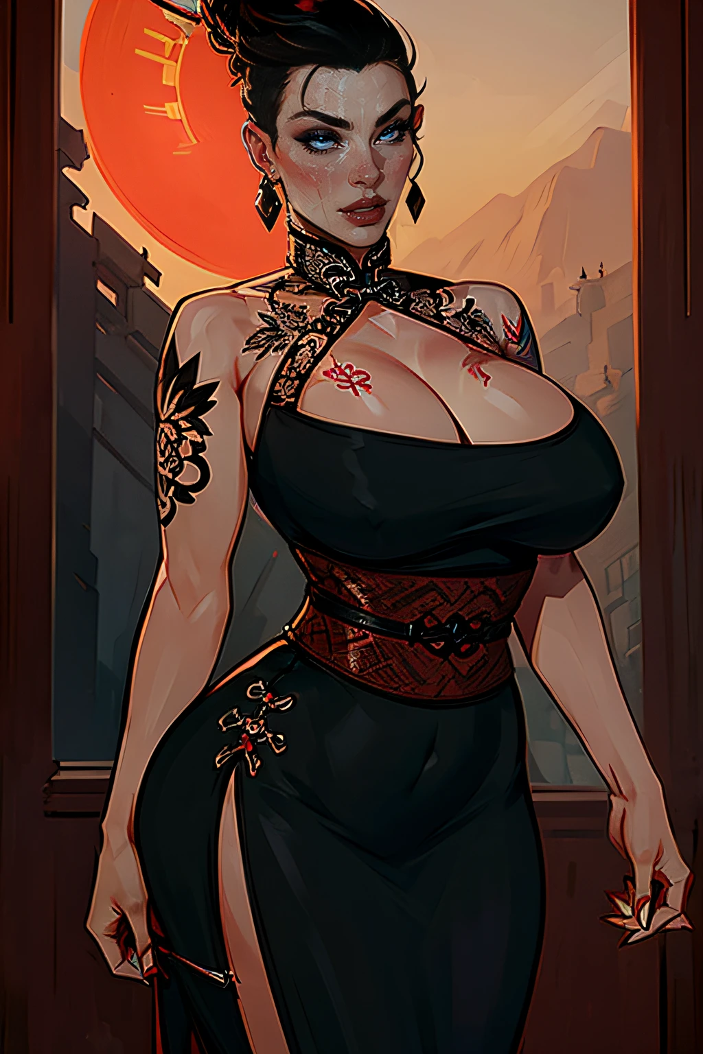 ch3rryg1g, ((Masterpiece)), ((ultraHD)), Women, ((Chinese)), ((Asian)), plump lips, Red lipstick, Elegant, black hair, unruly shaved side mohawk, mascara, eye shadow, tall, wide hips, giant boobs, qipao, cleavage, arm tattoos