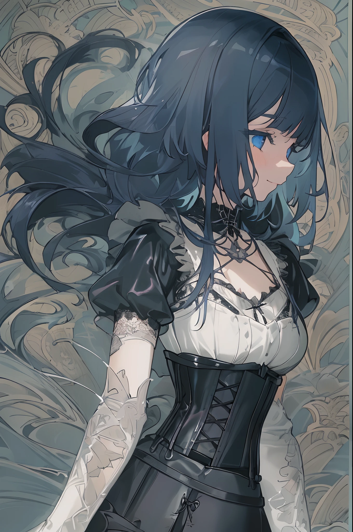 one gothic maiden anime young girl, dark blue haired, on-eyebrow bangs, bob cut hair, (Sanpaku blue eyes:1.3), unpleasant smile, standing with your back straight, perfect anatomy, (black dress in gothic style with detaild lacework and flowing layers:1.5), (black latex gloves:1.2), (lace-up boots:1.2), (corset:1.5), depth of fields, incredibly absurdres, super detailed illustration, extra detailed face, super detailed illustration, extra detailed face, raw photography, DeviantArt trends, natural soft light.