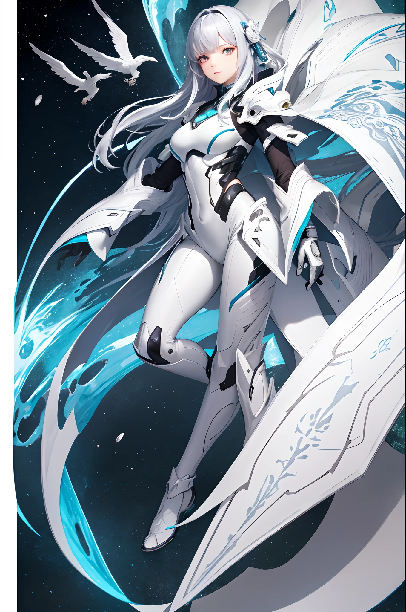 top-quality、Top image quality、masterpiece、超A high resolution、Android Beautiful Girl、sixteen years old, Glowing white cyber suit, Blue energy source for the chest、green shiny hair、The long-haired,Silver eyes、A slender、The face is depicted in detail、Eyes are drawn in detail、Clothes are depicted in detail、hiquality、Beautiful Art、Fantastic Universe、Elaborate design、soio、sorcerer、animesque、illustratio、Full body front