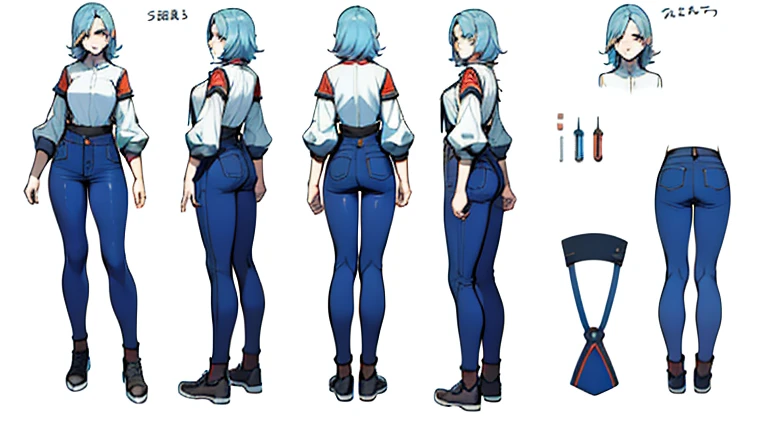 (My Hero academia style), (((Miko Kubota))), ((Glitch Techs)), 1girl, female, ((tomboy)), High-tech armor, tight armor, ((sexy armor)), wide hips, wide thighs, medium sized breasts, wicked smile, evil look, blue lightning around, blue lightning, (Full body photo:1.5), (High resolution)), ((concept art of character)), ((Character Design Sheet)), (Same role), (frontage), (Lateral face), (on back), ((three sided view)), ((multiple views)), (((perfect anatomy))), (((perfect hands))), (((super detailed))),