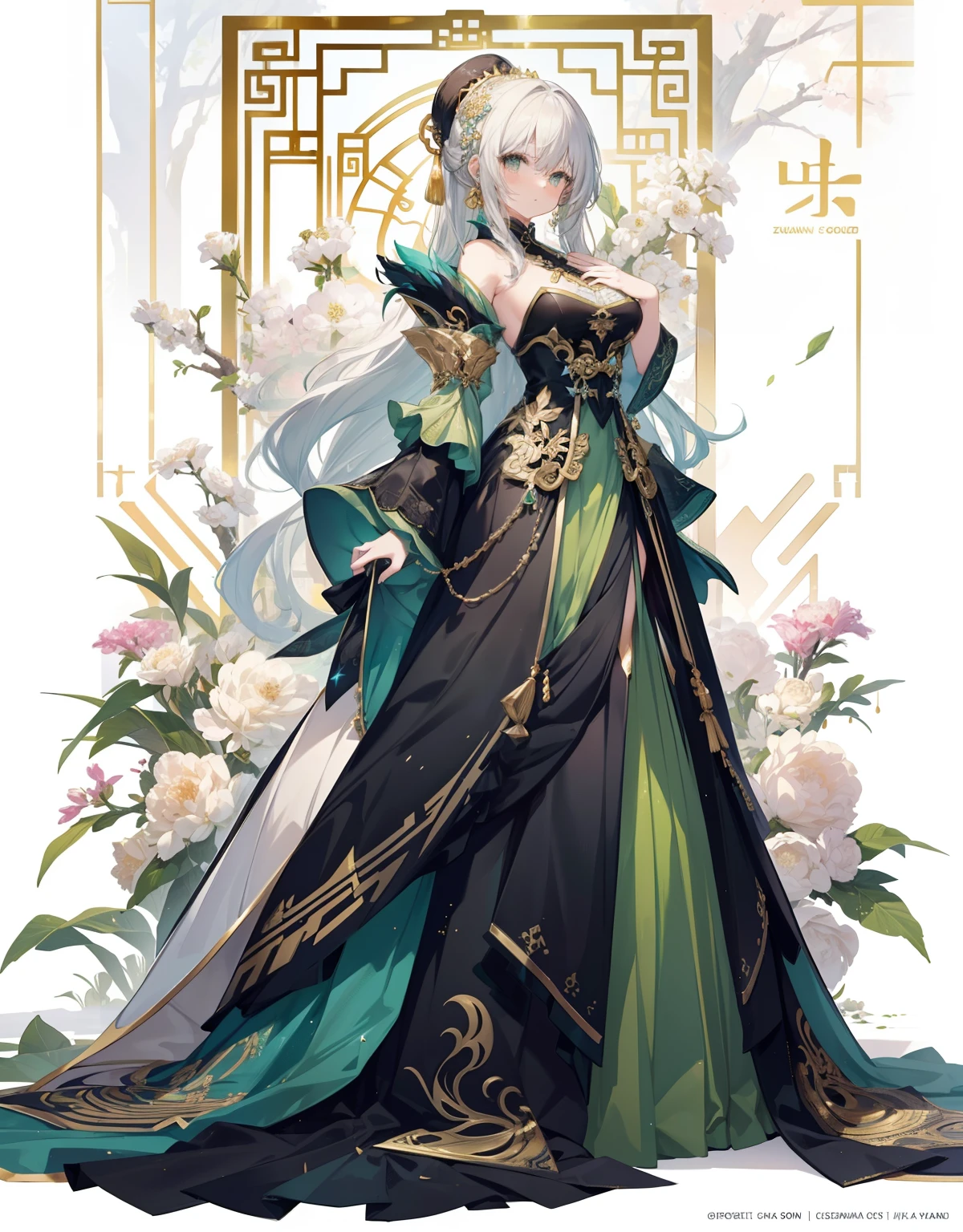 Ultra-realistic photo of a girl in a majestic pastel green and gold-black ball gown dress,Big beautiful dress, Complex puffy ball gown with lots of frills and rhinestones (Best Quality, masutepiece, art  stations, Fantasy Art:1.2), Rooms of the Ancient Chinese Palace, Beautiful cute girl, (long white hair:1.1), (Complex short gold skirt, Bare legs:1.2, Full body shot)