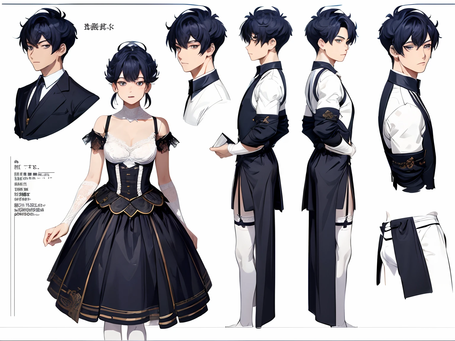 ((masterpiece)),(((best quality))),(character design sheet, same character, front, side, back), illustration, 1 boyish , male boy, hair color, bangs, hairstyle fax, eyes, environment change scene, Hairstyle Fax, Pose Zitai, Female,  unclosed, (simple background, white background: 1.3), lingerie, stockings