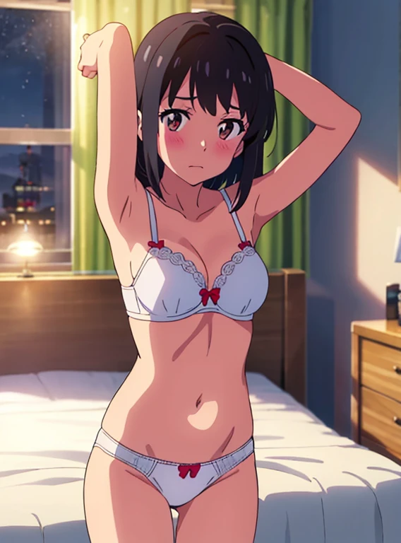 shinkal makoto, kimi no na wa., 1girl, bangs, black hair, brown eyes,short hair, solo, blush, looking at the viewer, arms up, sexy pos e, cute, bedroom, night, lamp, light off, white bra, breast, medium breast, white panties, masterpiec