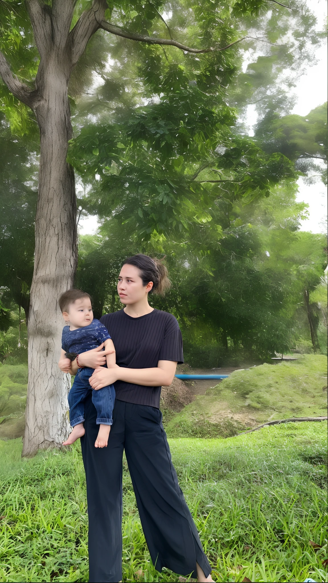 there is a woman holding a baby in her arms in the grass, with a tree in the background, at a park, with a tall tree, with a kid, trees in the background, at the park, with a park in the background, in a park, in a jungle, park in background, in front of a forest background, 😭 🤮 💕 🎀