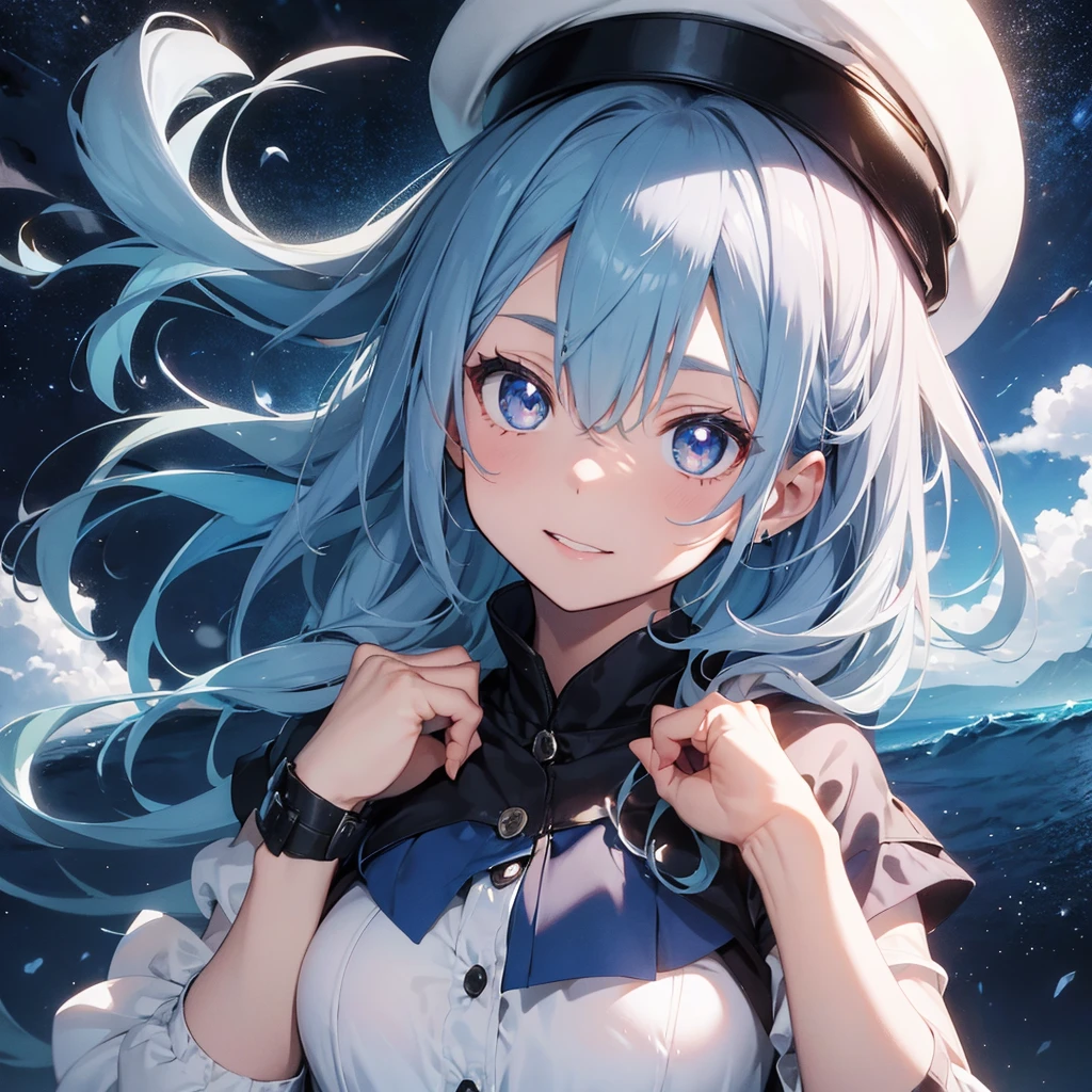 Fajyobore-Stil, Meisterwerk, best quality, 1girls, 21 Jahre alt, smil, rosa Lippen, aqua Augen, Blauhelm, blondes Haar, geschlossener Mund, Ohrringe, hat, Edelstein-Ohrringe, Schmuck, Blick auf den Betrachter, Minirock, Hemd, Blauer Umhang, kurzes Haar, nur, Cowboy erschossen, Hands behind her head, abblenden, dunkel, Hoher Kontrast, caustics