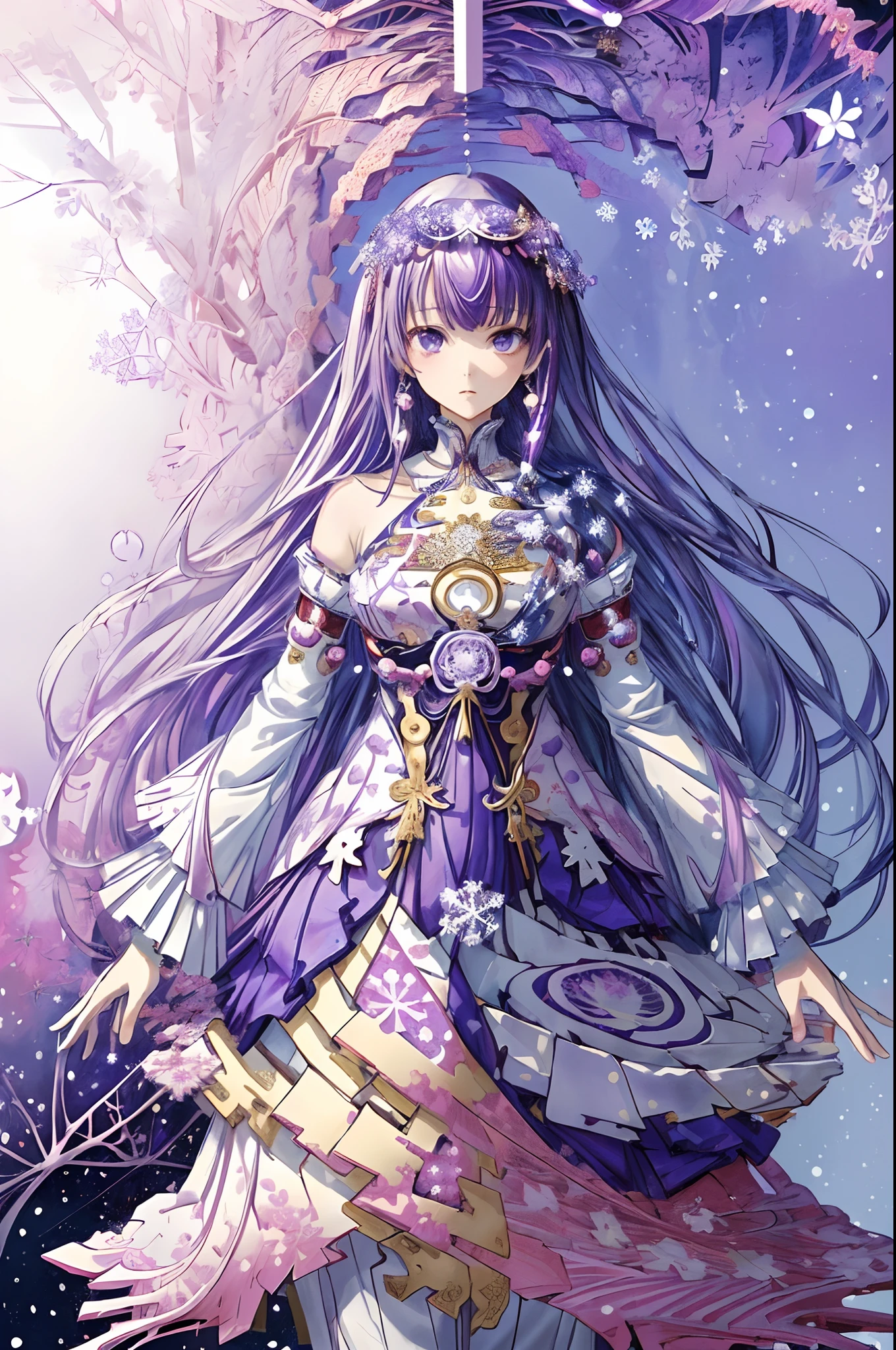 (masutepiece, of the highest quality, Best Quality, Official art, Beautiful and aesthetic:1.2),(1girl in),ighly detailed,(Fractal Art:1.3),Colorful,highest details..,Purple,white,Blue,Chest,lower abdom,snowflakes falling,(Whole body:1.5),faces,(Only one face.:1.1),.