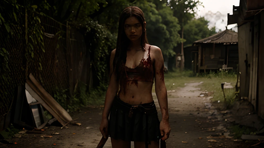 A girl between 14 and holding a machete with blood, standing on a killed monster
