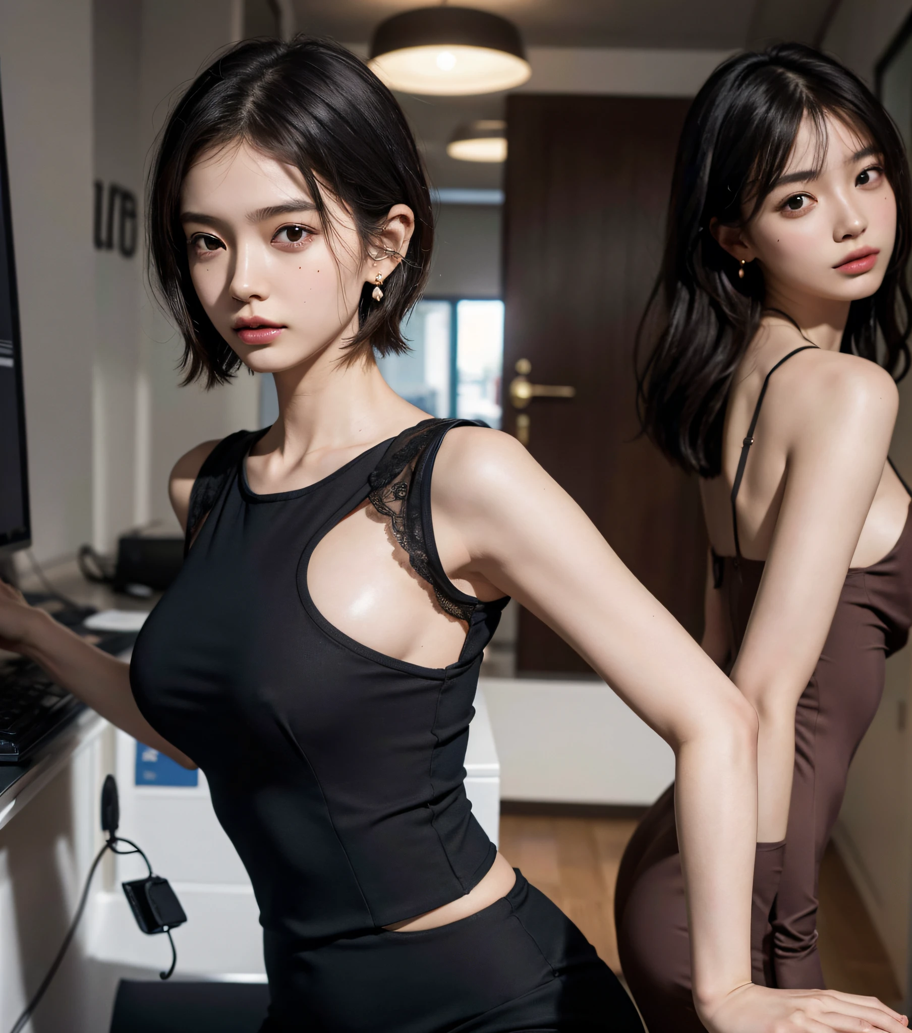absurdres, RAW photo, extremely delicate and beautiful, masterpiece, Best Quality, ultra high resolution, 16k, hyperrealistic, ultra-detailed, (perfect anatomy), super Detailed skin, perfect figure, Very detailed CG 8k wallpaper, in her 20s, very Slim body, narrow waist, very small head, very small face, delicate facial features, tearful mole, earring, thin legs, (very huge round breasts), (full body shot), short medium hair, (((office lady suit))),
